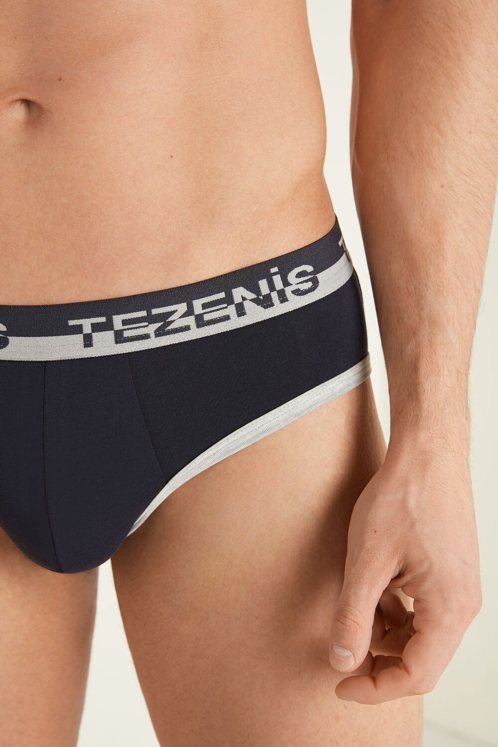 Blue Dark Blue/Light Gray Heather 078u Tezenis Cotton Briefs with Logo Elastic Band | 102745-OZC