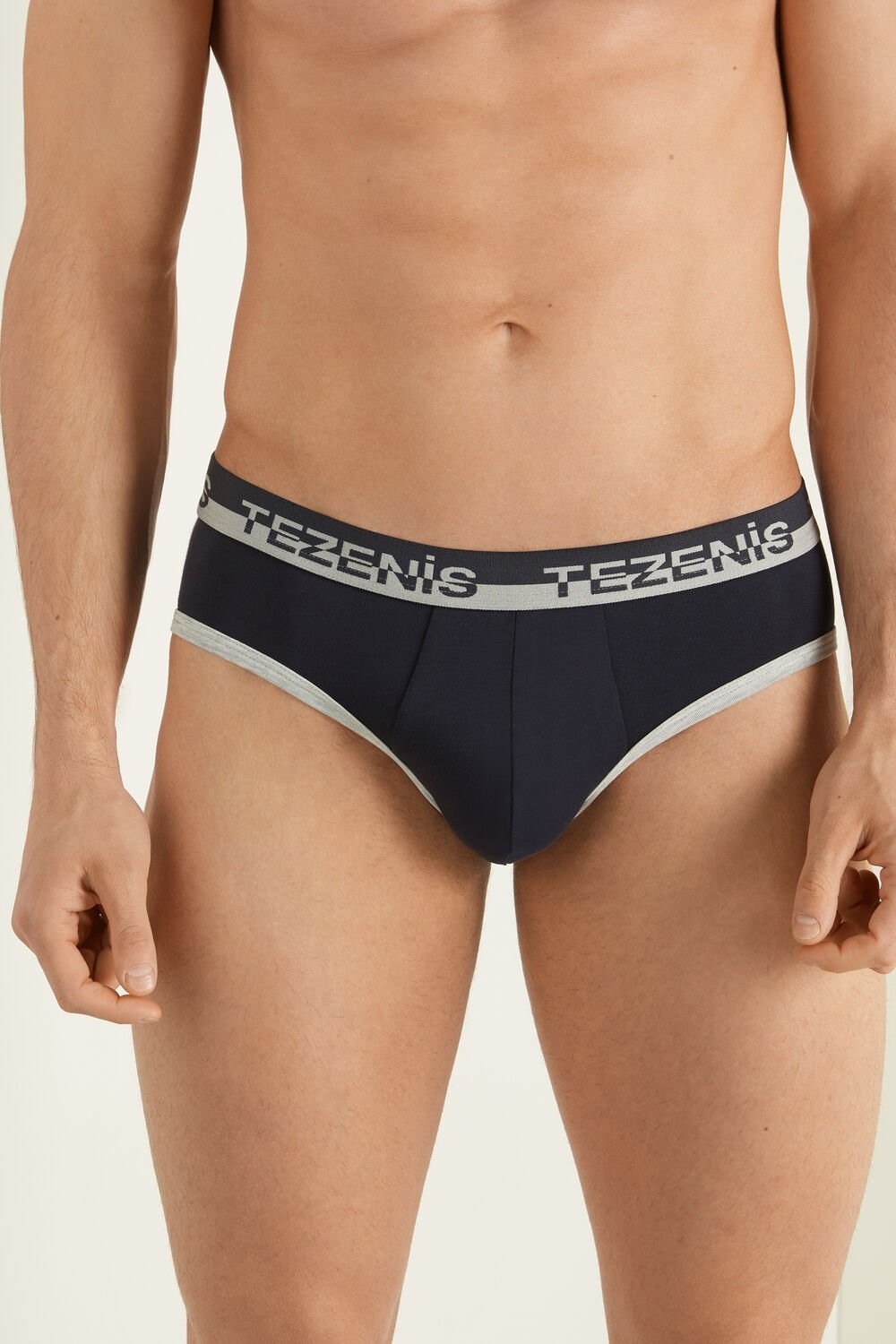 Blue Dark Blue/Light Gray Heather 078u Tezenis Cotton Briefs with Logo Elastic Band | 102745-OZC