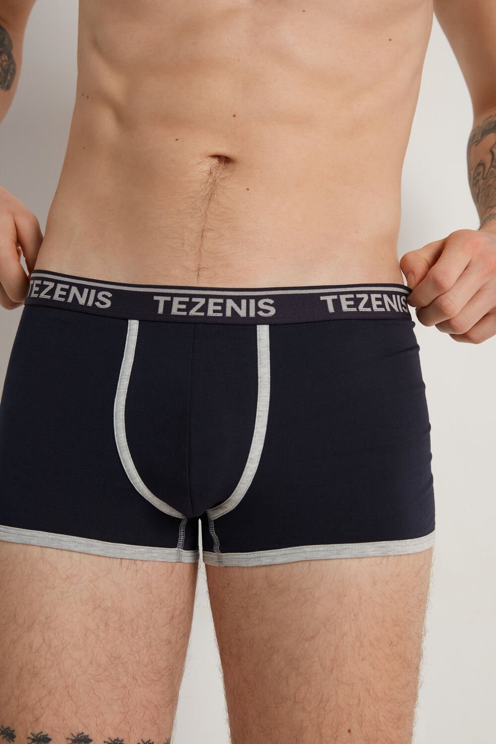 Blue Dark Blue/Light Gray Heather 078u Tezenis Cotton Logo Boxer Briefs with Contrasting Edging | 697321-CVM