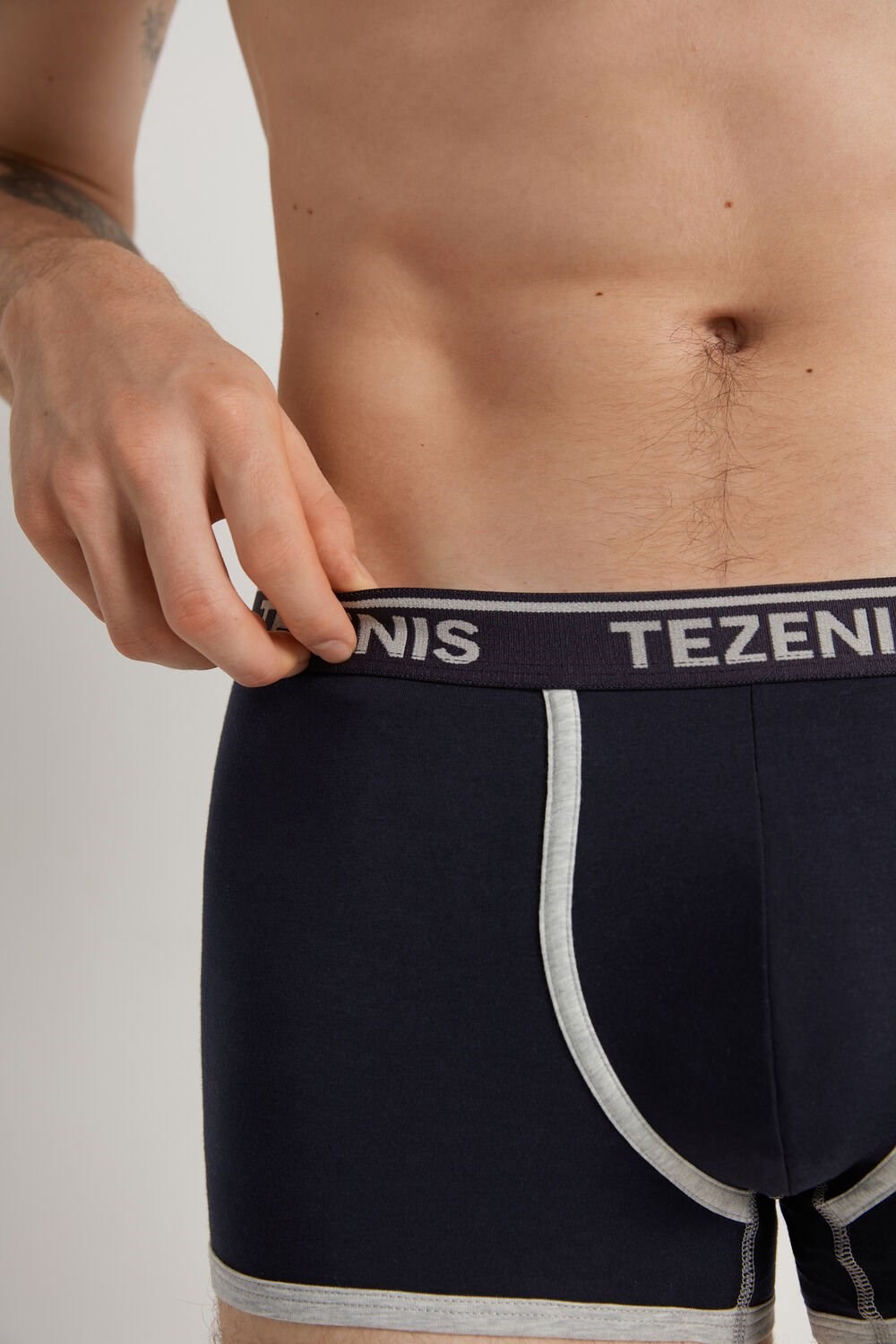 Blue Dark Blue/Light Gray Heather 078u Tezenis Cotton Logo Boxer Briefs with Contrasting Edging | 697321-CVM