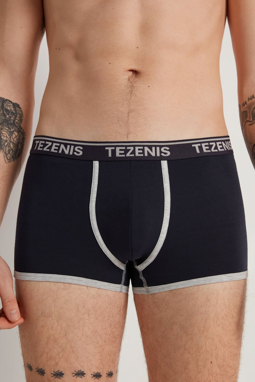 Blue Dark Blue/Light Gray Heather 078u Tezenis Cotton Logo Boxer Briefs with Contrasting Edging | 697321-CVM