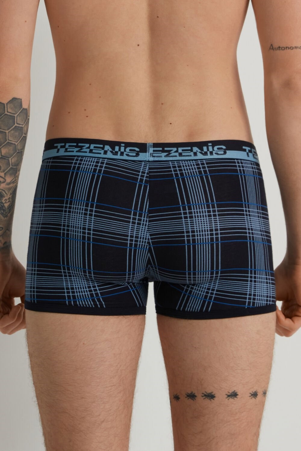 Blue Dark Blue Squares 412v Tezenis Printed Cotton Boxers with Logo Elastic Waistband | 931562-NIW