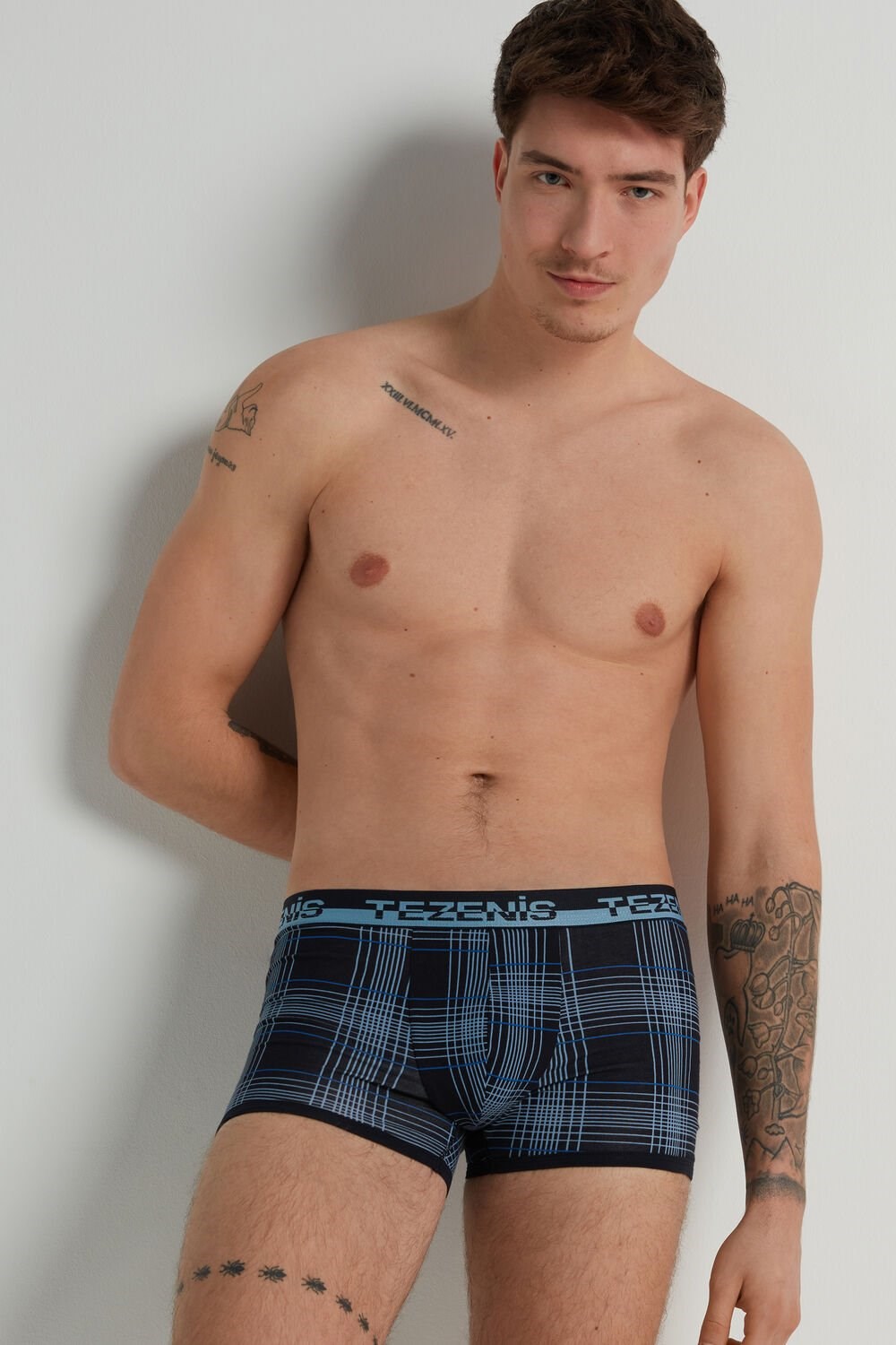 Blue Dark Blue Squares 412v Tezenis Printed Cotton Boxers with Logo Elastic Waistband | 931562-NIW