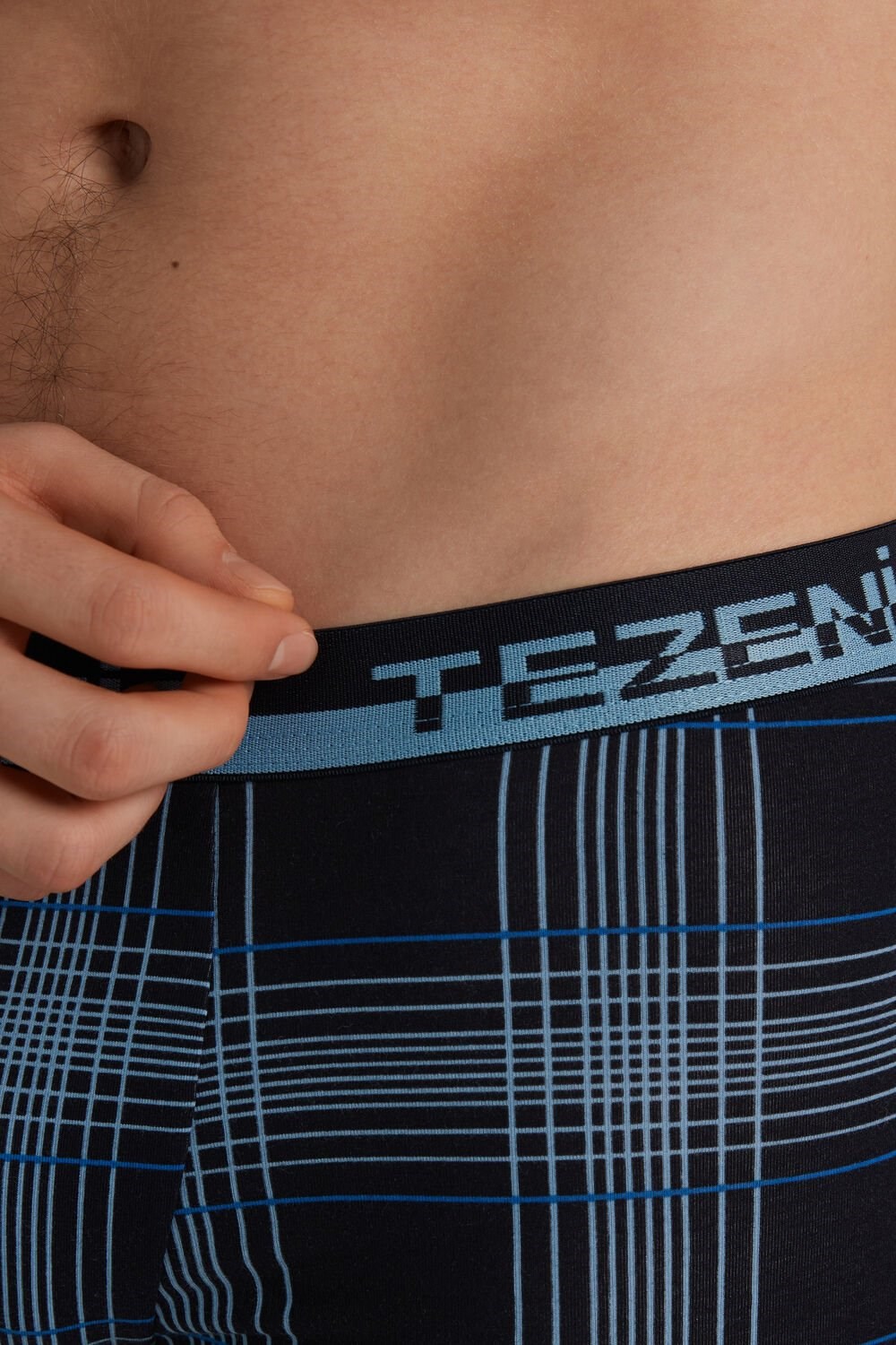 Blue Dark Blue Squares 412v Tezenis Printed Cotton Boxers with Logo Elastic Waistband | 931562-NIW