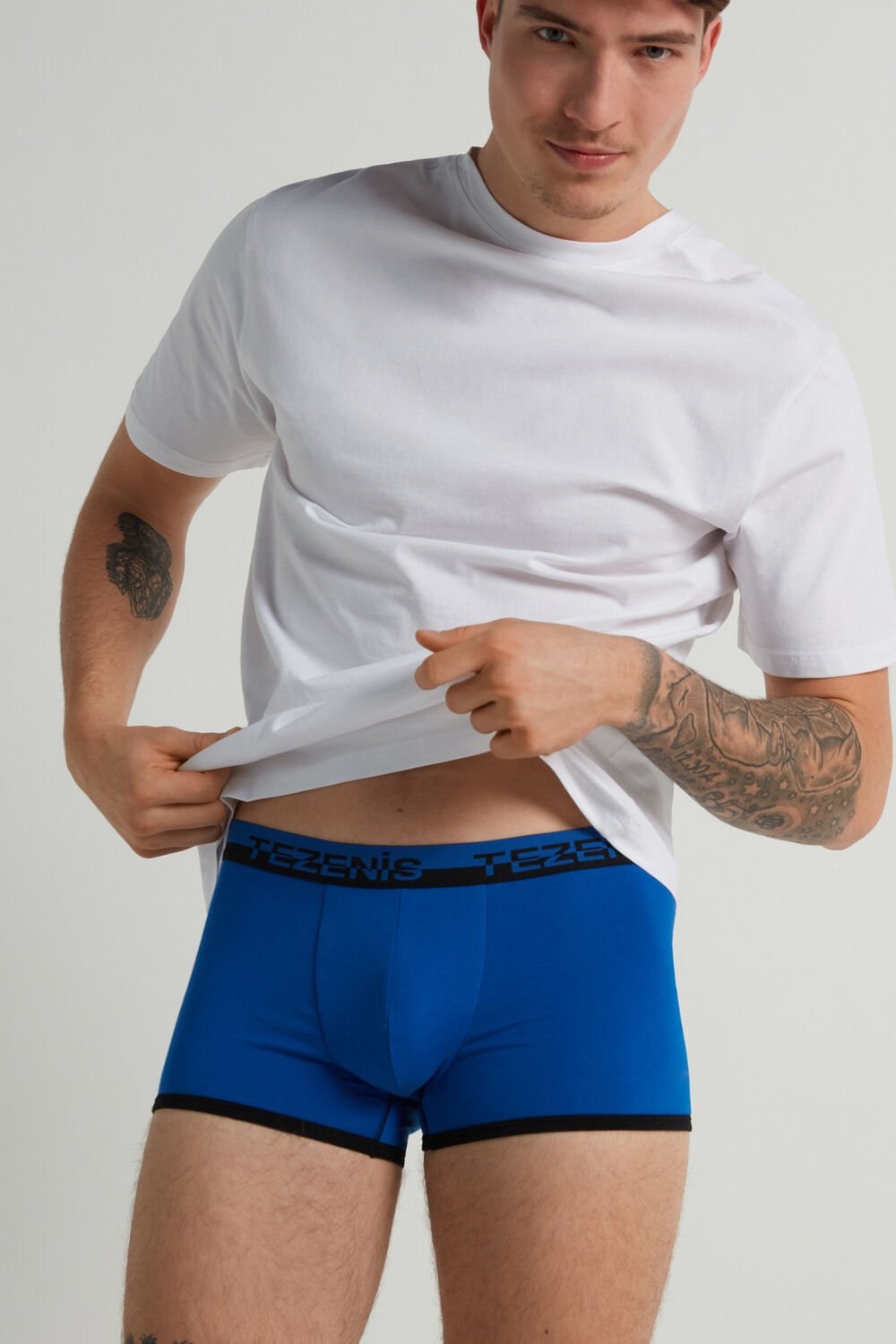 Blue Deep Blue/Black 410v Tezenis Cotton Boxers with Logo Elastic Band | 207594-IYA