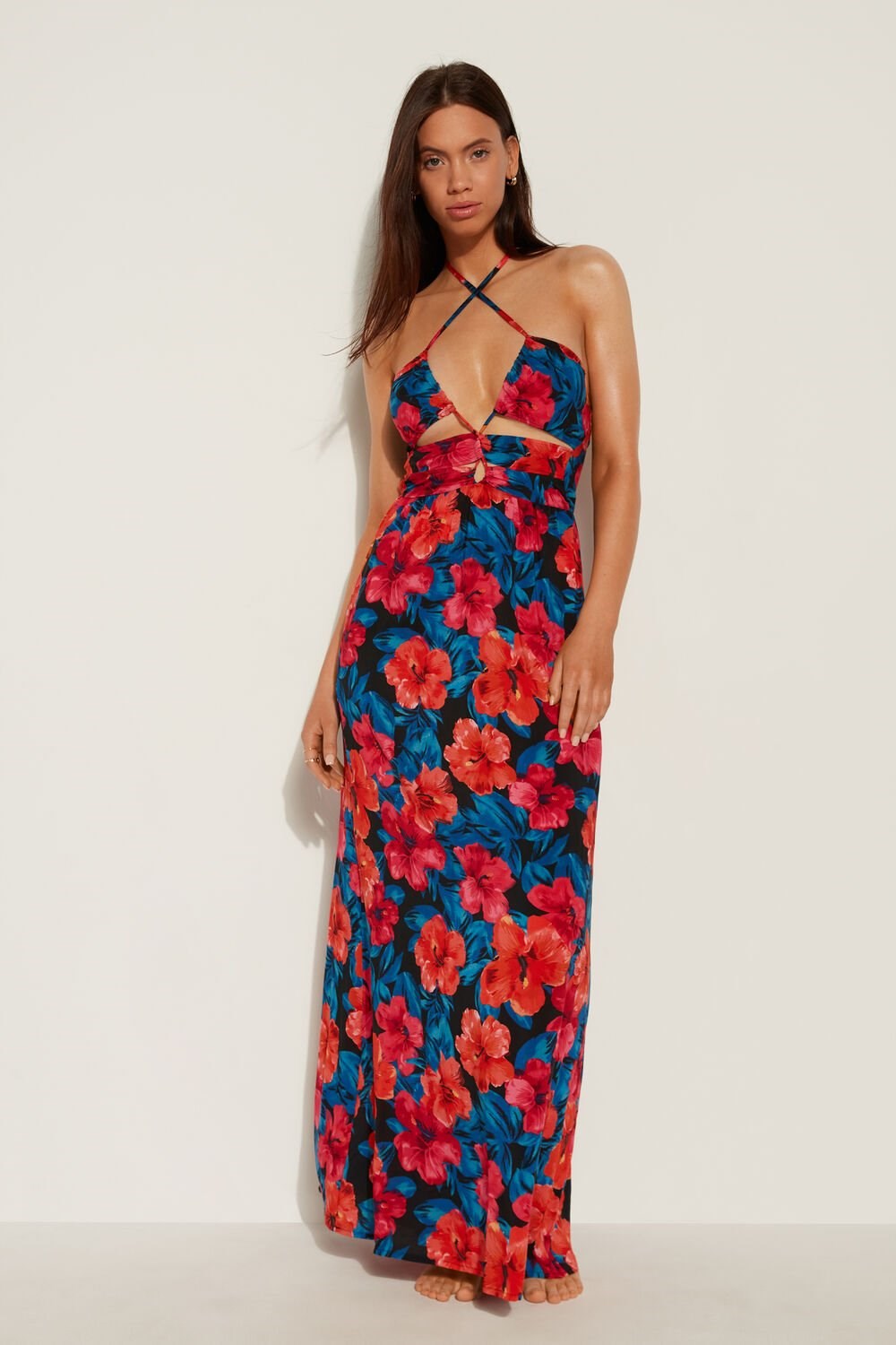 Blue Large Tropical Flower Print 773v Tezenis Long Viscose Fabric Criss-Cross Dress | 629451-LUJ