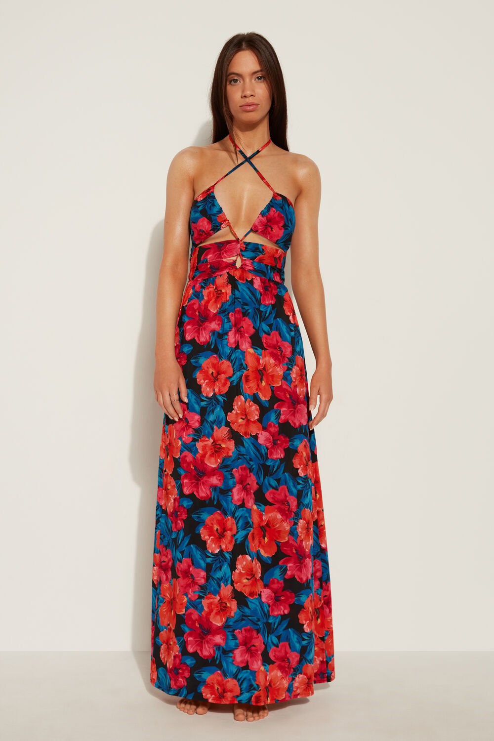 Blue Large Tropical Flower Print 773v Tezenis Long Viscose Fabric Criss-Cross Dress | 629451-LUJ