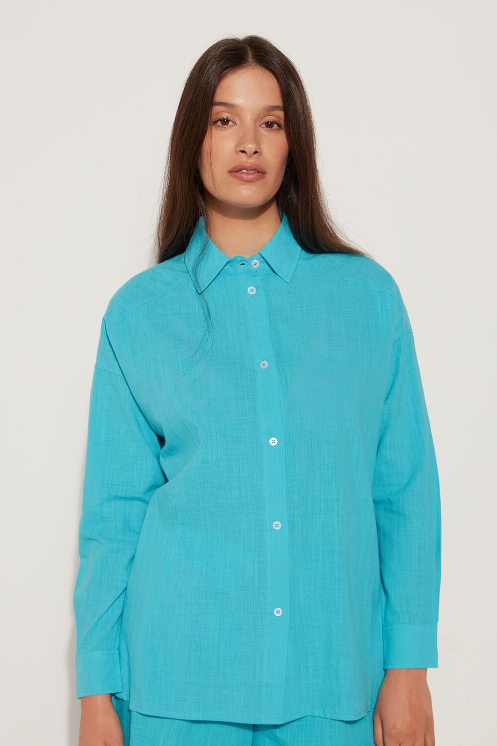 Blue Marine Turquoise 619v Tezenis Long-Sleeved Cotton Canvas Shirt | 421563-ZKW