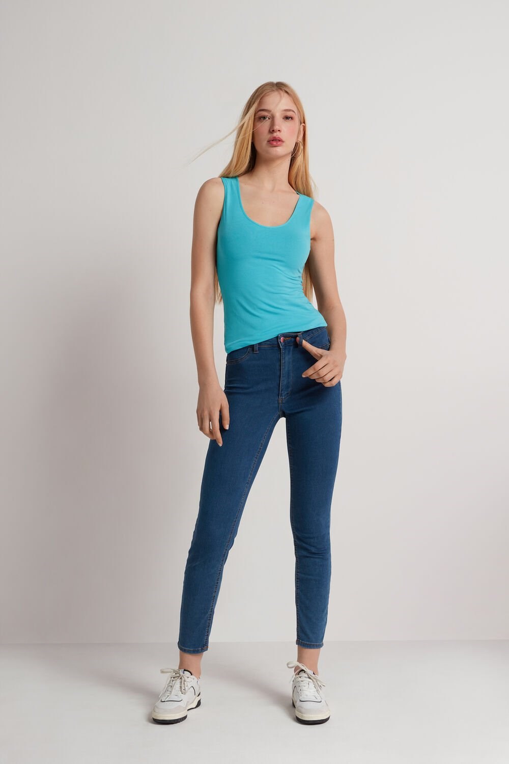 Blue Marine Turquoise 619v Tezenis Wide-Strap Round-Neck Cotton Camisole | 208514-EVJ