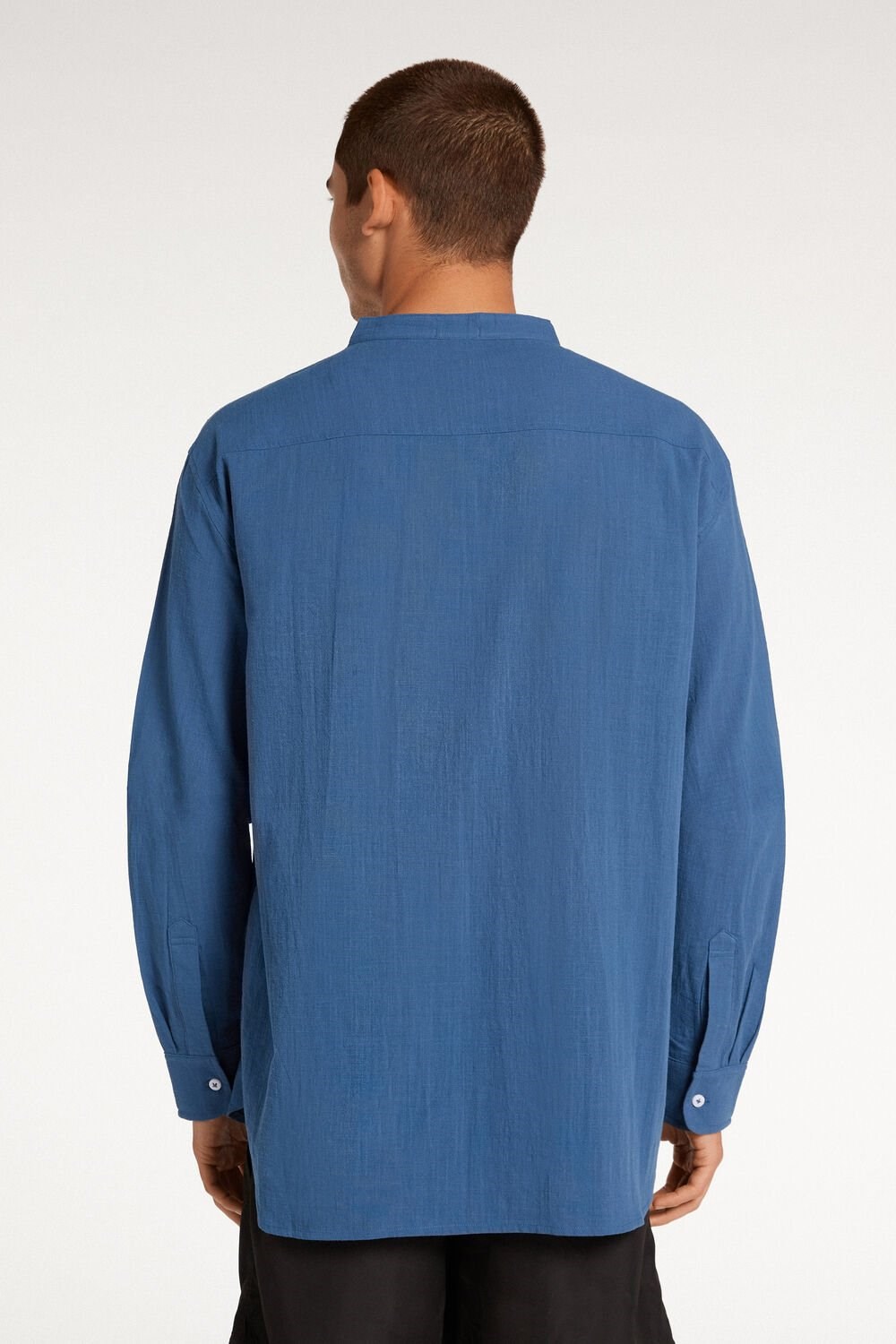 Blue Riviera Blue 524v Tezenis Long Sleeve Band Collar Men’s Shirt in Cotton Cloth | 180459-IHA