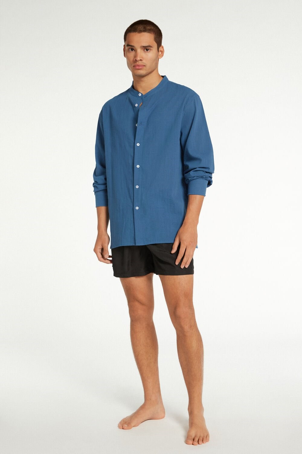 Blue Riviera Blue 524v Tezenis Long Sleeve Band Collar Men’s Shirt in Cotton Cloth | 180459-IHA