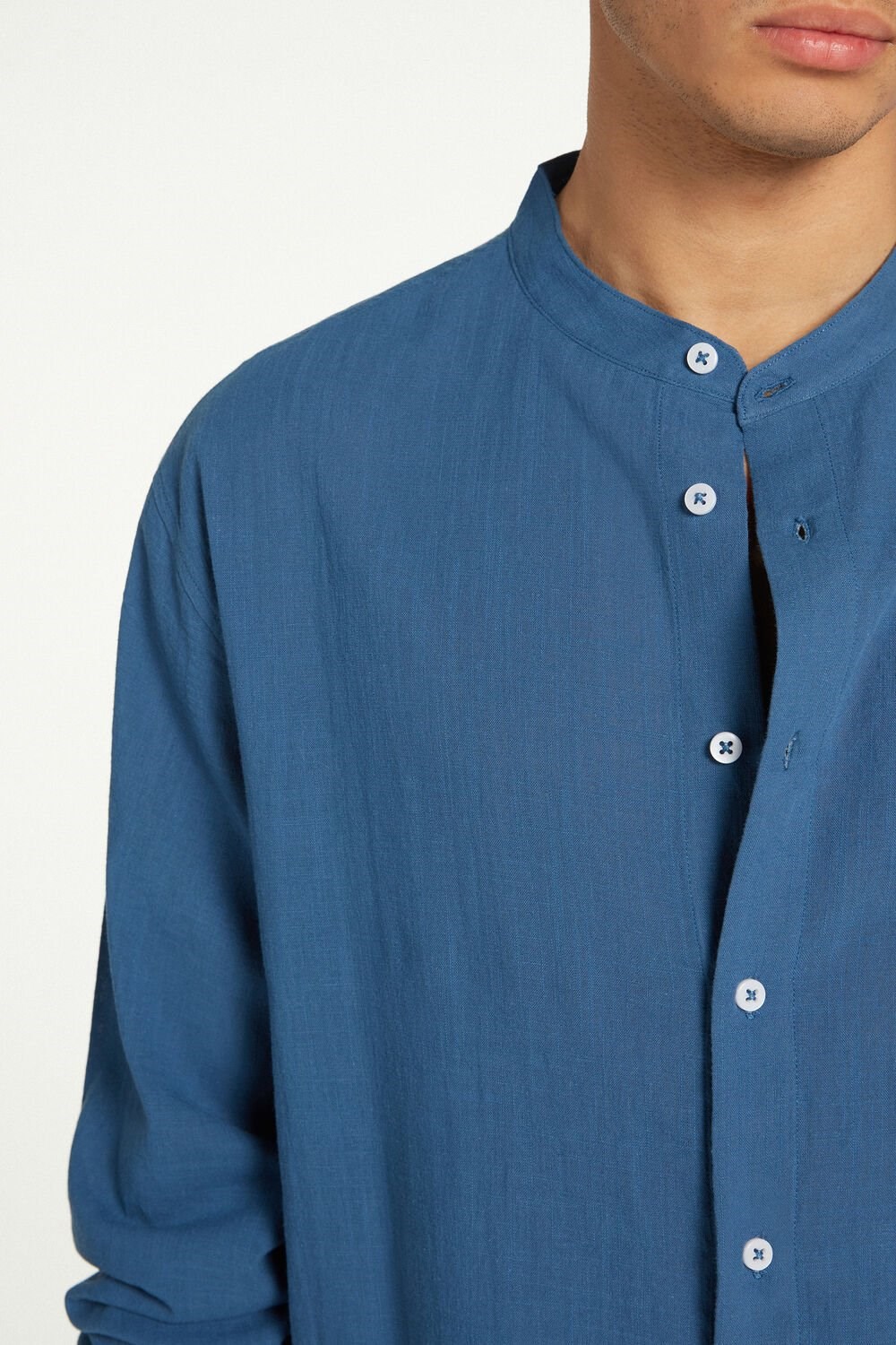 Blue Riviera Blue 524v Tezenis Long Sleeve Band Collar Men’s Shirt in Cotton Cloth | 180459-IHA