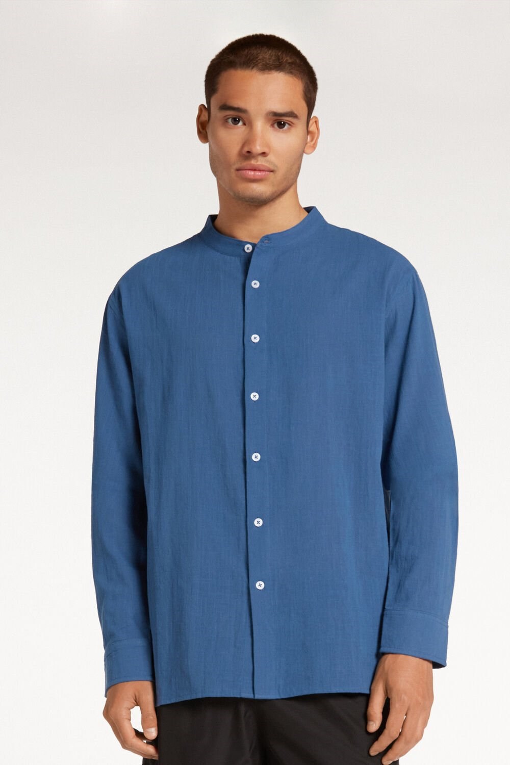 Blue Riviera Blue 524v Tezenis Long Sleeve Band Collar Men’s Shirt in Cotton Cloth | 180459-IHA