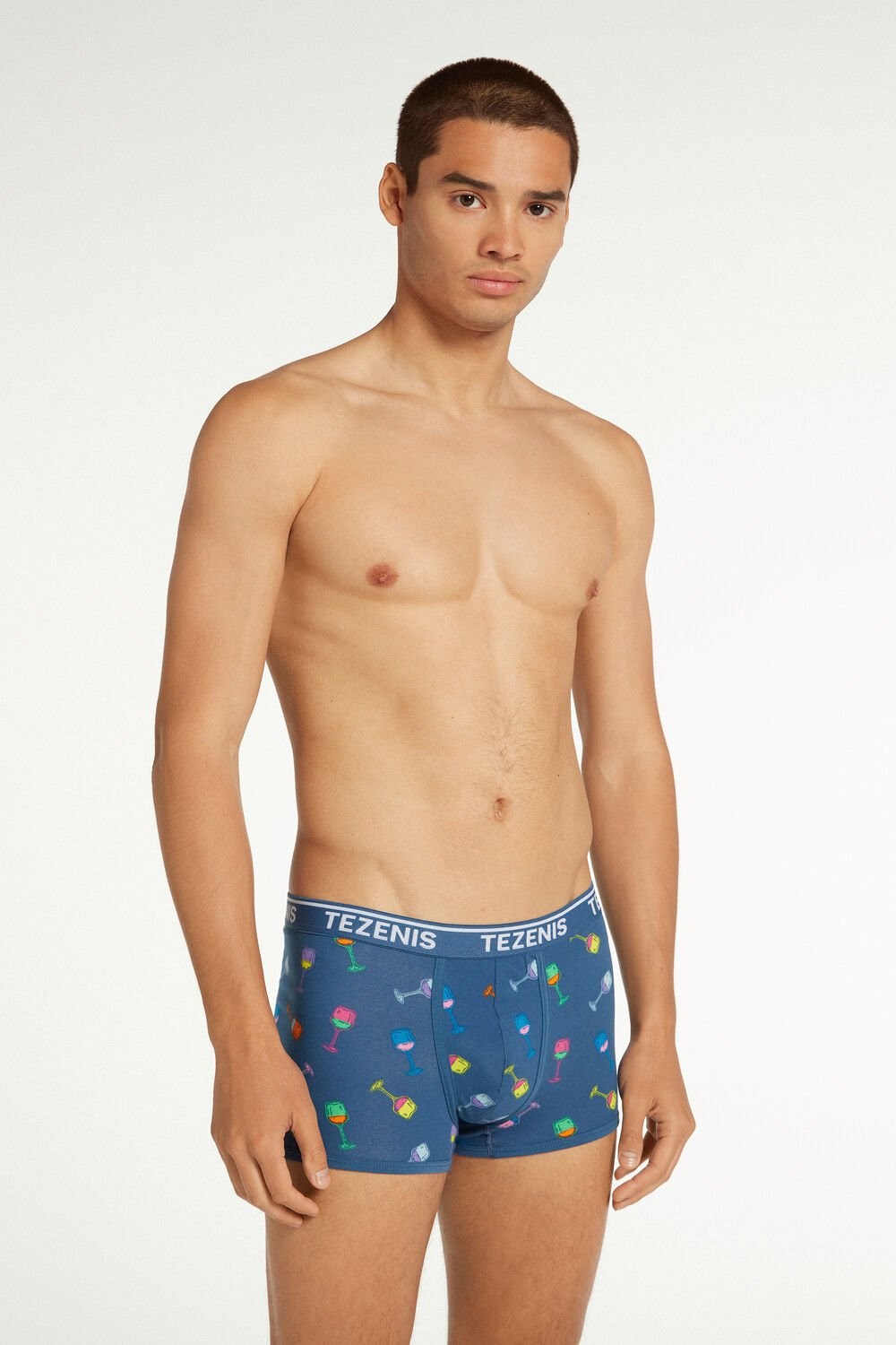 Blue Riviera Blue Wine Print 648v Tezenis Printed Cotton Logo Boxers with Contrasting Trim | 208534-THX