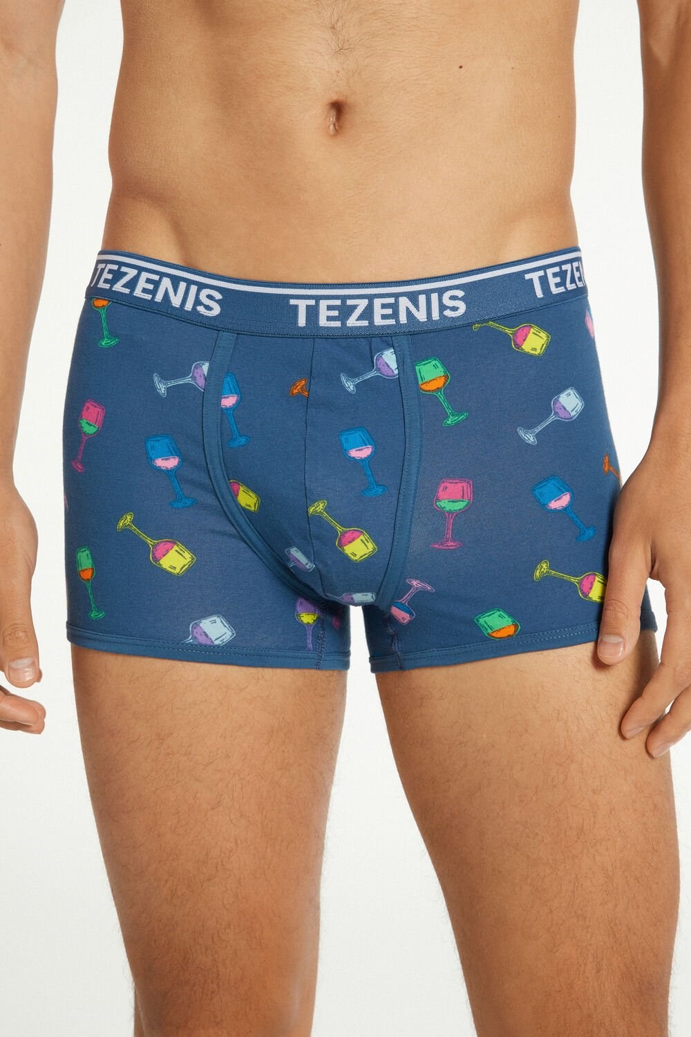 Blue Riviera Blue Wine Print 648v Tezenis Printed Cotton Logo Boxers with Contrasting Trim | 208534-THX