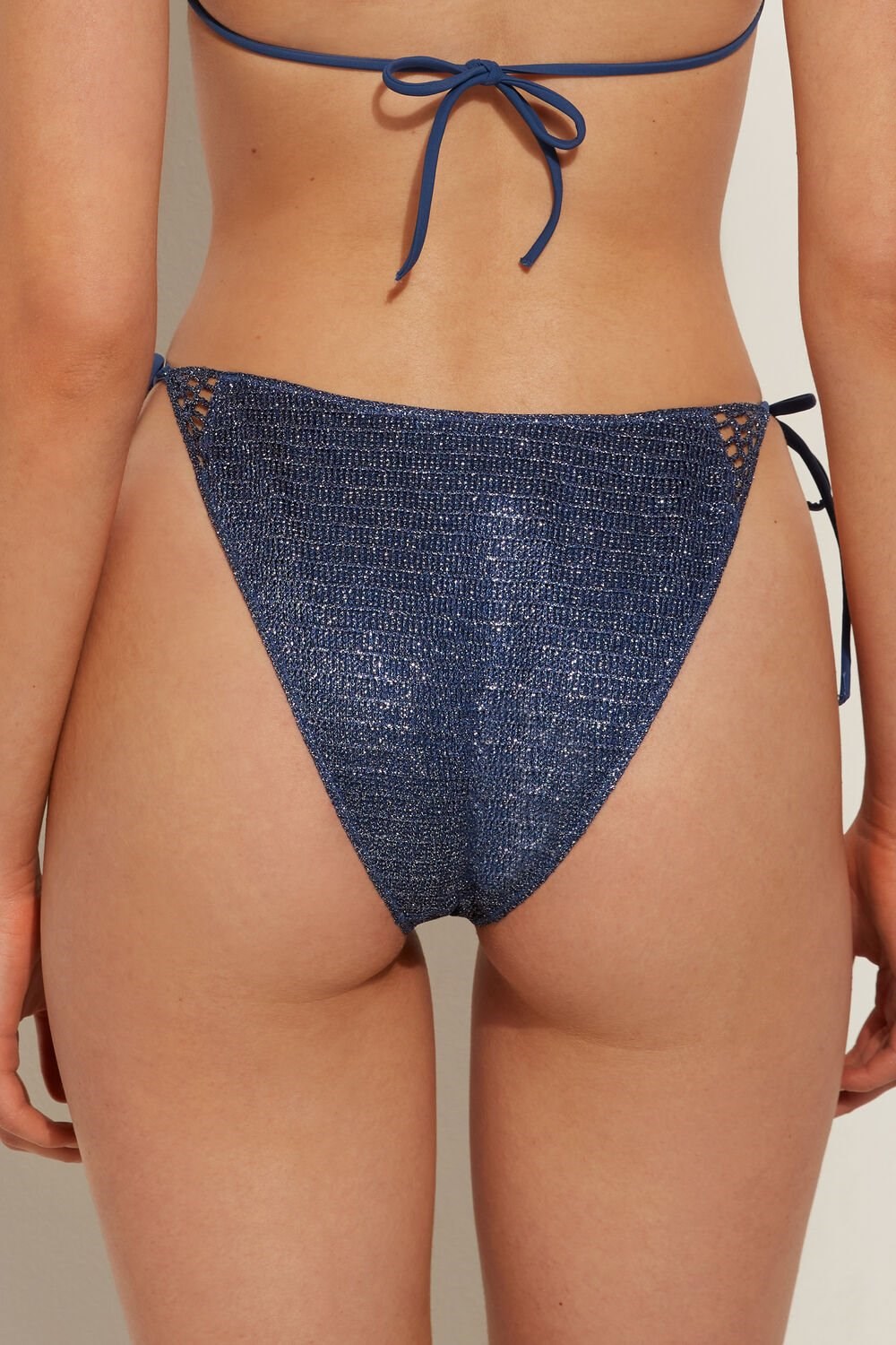 Blue Silver Blue 522v Tezenis Shiny Crochet Tied String Bikini Bottoms | 420371-GFT