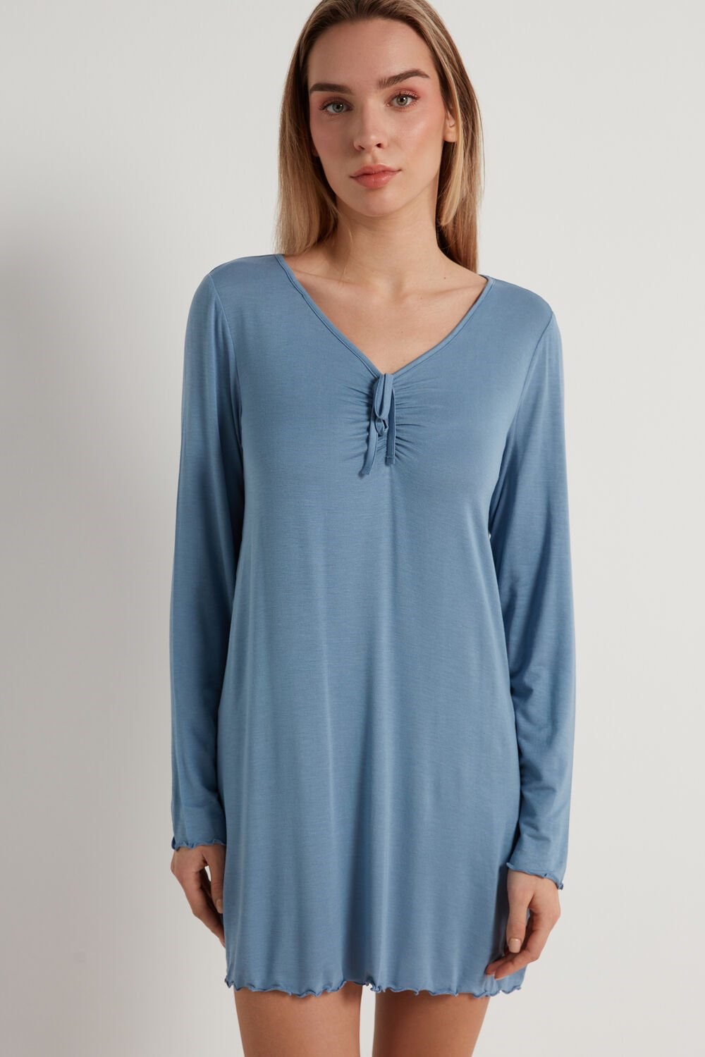 Blue Sky Blue 045u Tezenis Long-Sleeve Ruched Viscose Nightgown | 327068-UJF