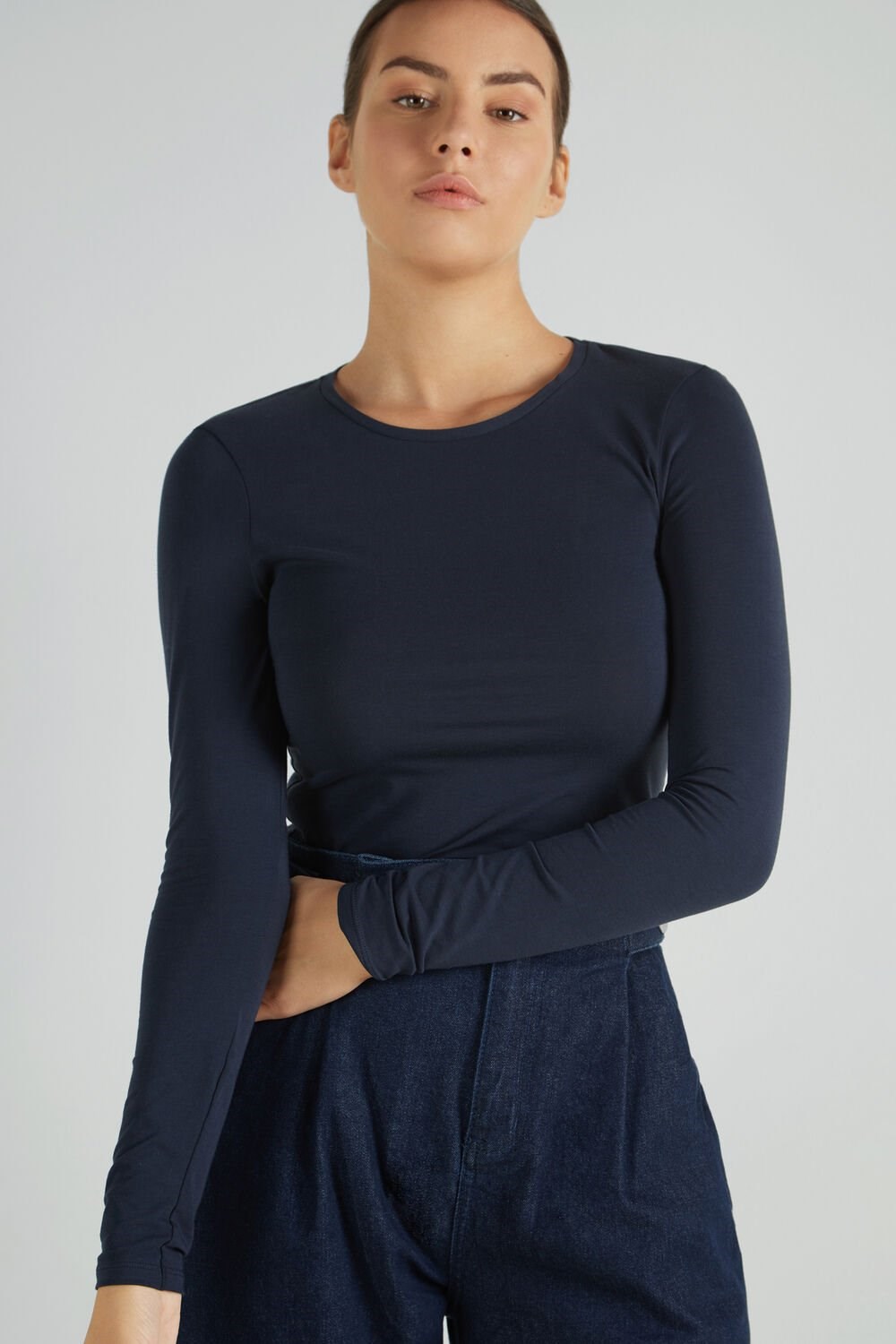 Blue Ultimate Blue 624t Tezenis Long-Sleeve Crew-Neck Stretch-Cotton Top | 138602-GEI