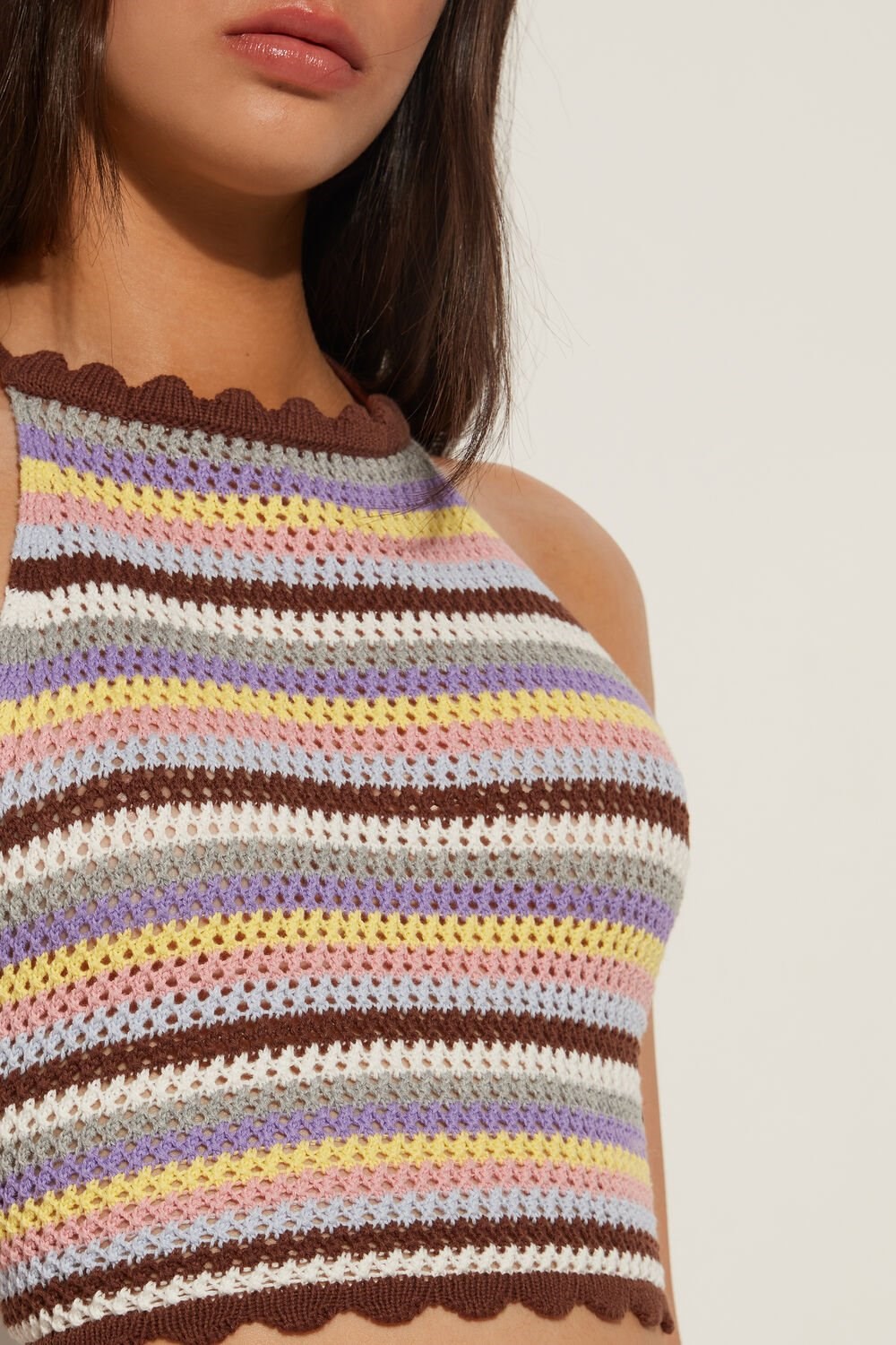 Brown Colored Stripes 558v Tezenis Striped Crocheted Crop Top | 147608-XRY