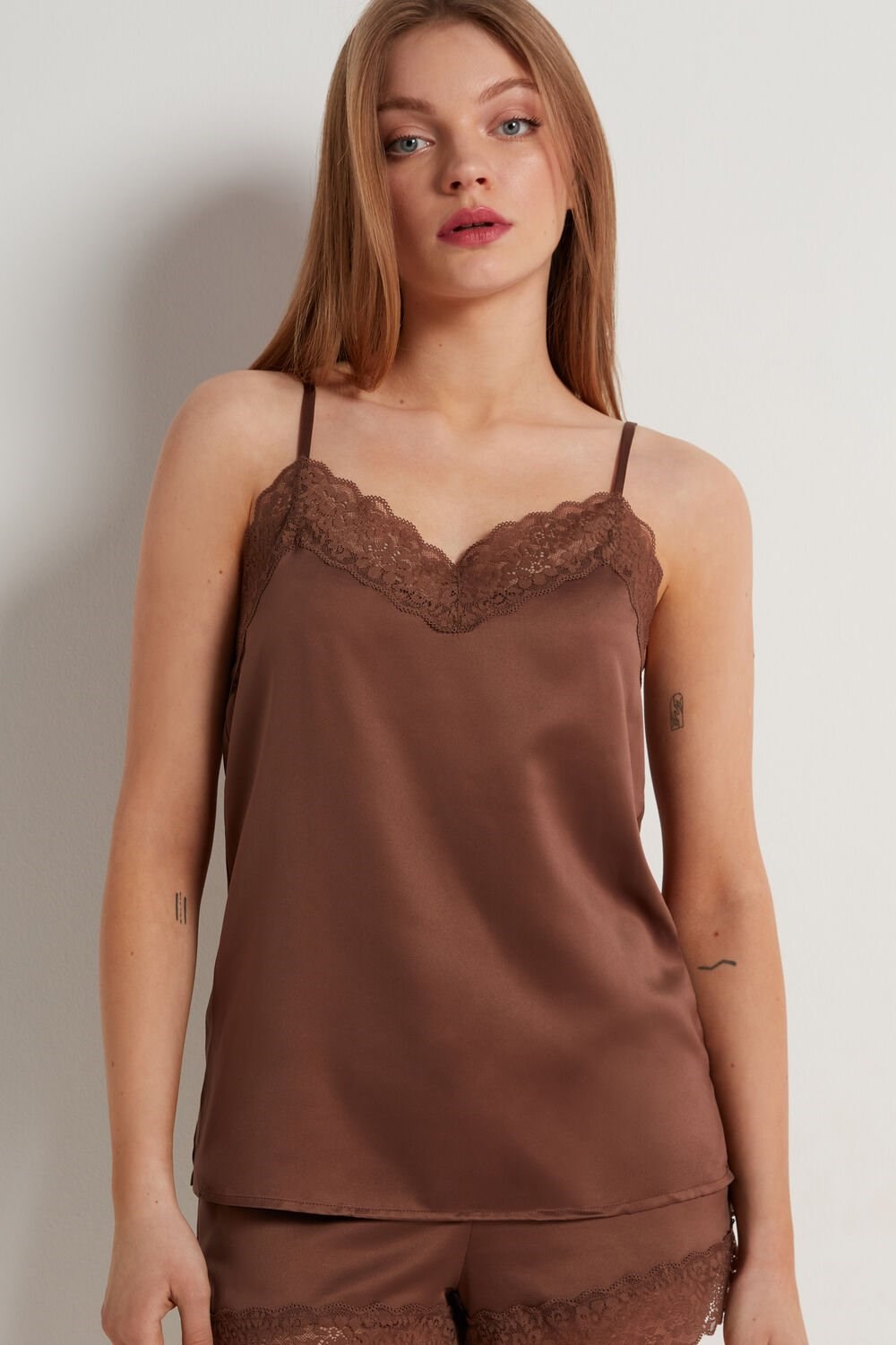 Brown Earth Brown 633v Tezenis Lace and Satin Tank Top | 345892-NLS