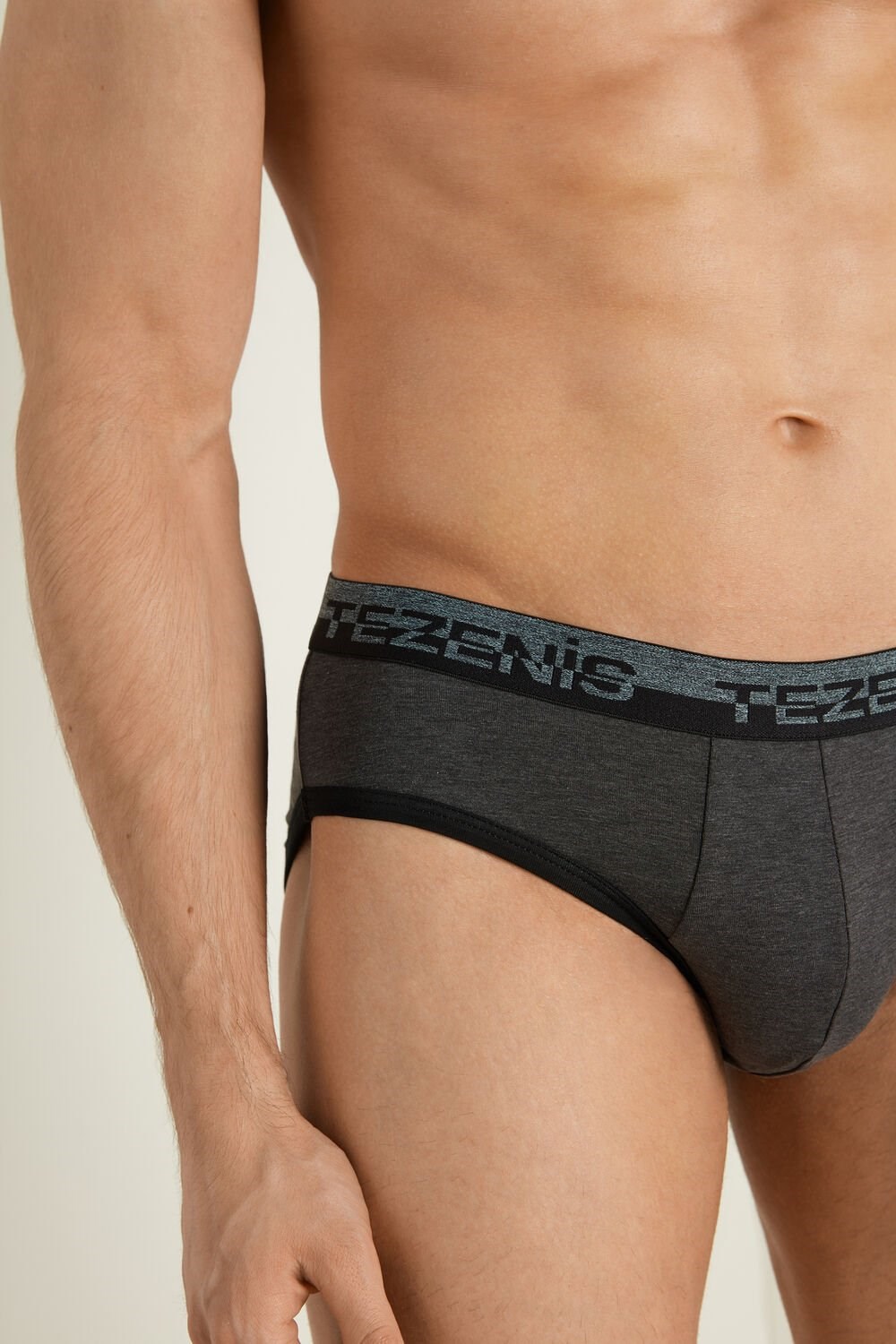 Dark Grey Dark Gray Heather/Black 6540 Tezenis Cotton Briefs with Logo Elastic Band | 167238-CAS