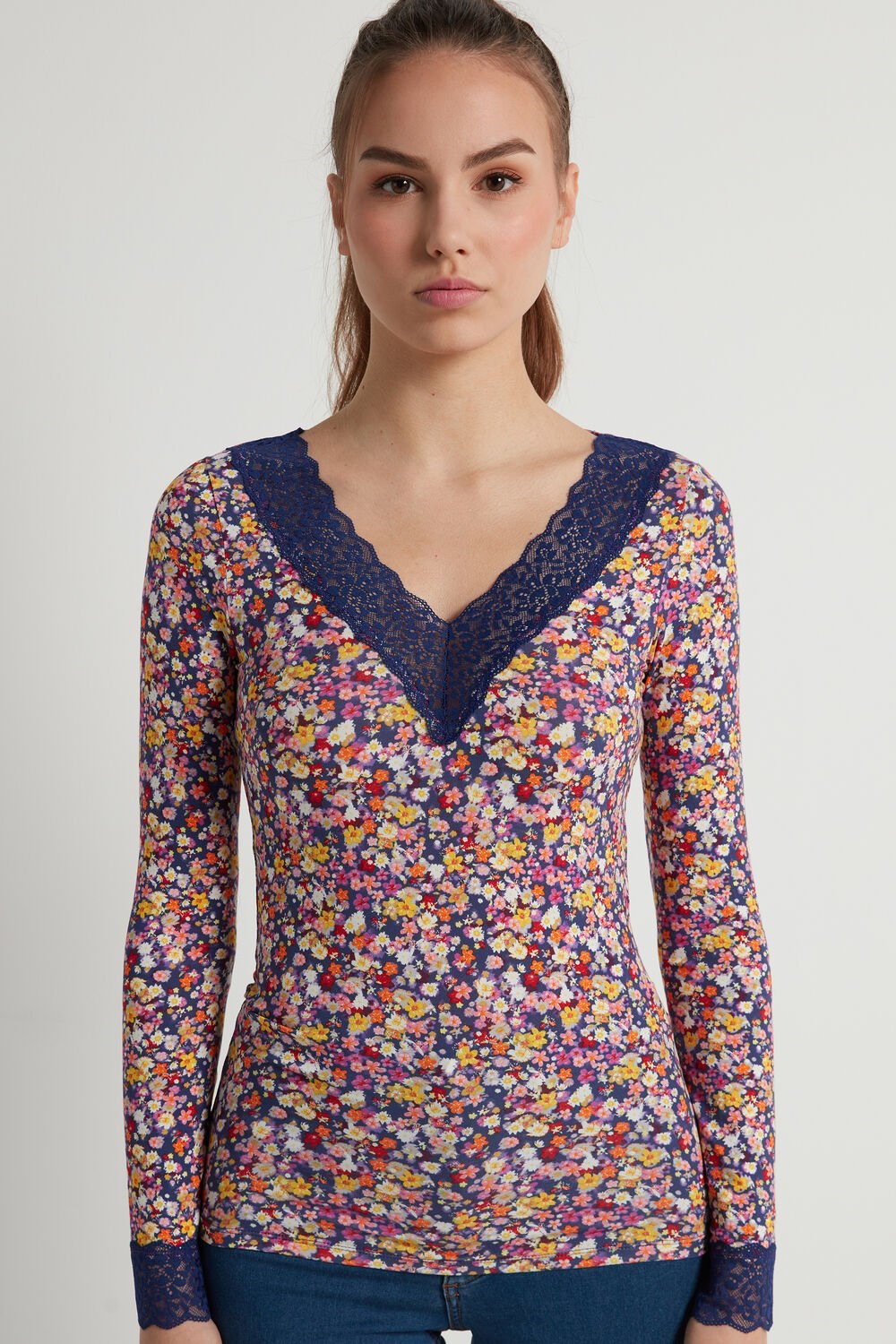 Floral Blue Micro Flower Print 262v Tezenis V Neck Long Sleeve Top with Lace | 249685-AED