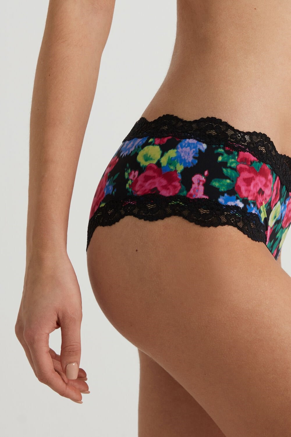 Floral Faded Black Floral Print 274v Tezenis Printed Microfiber and Lace Hipster Brazilian | 809352-NGD