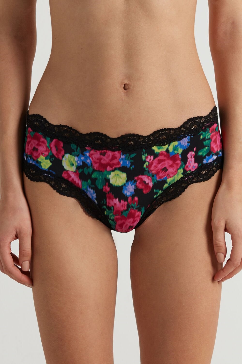 Floral Faded Black Floral Print 274v Tezenis Printed Microfiber and Lace Hipster Brazilian | 809352-NGD