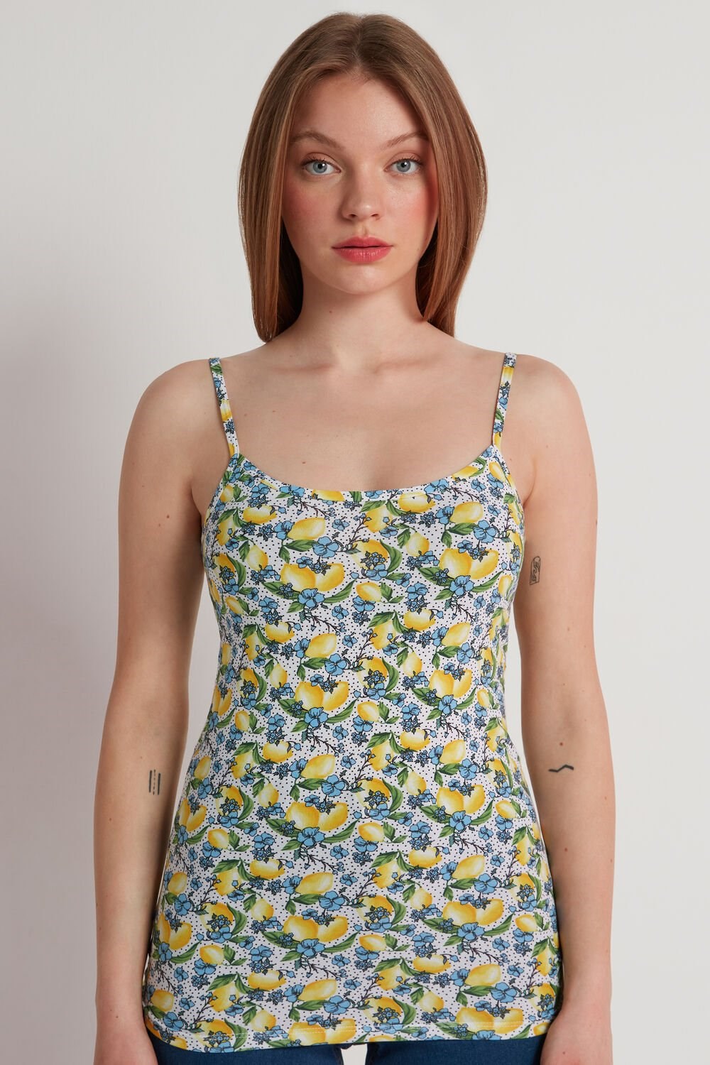 Floral Floral Lemon Print 742v Tezenis Round Neck Tank Top in Stretch Cotton | 370925-WLF