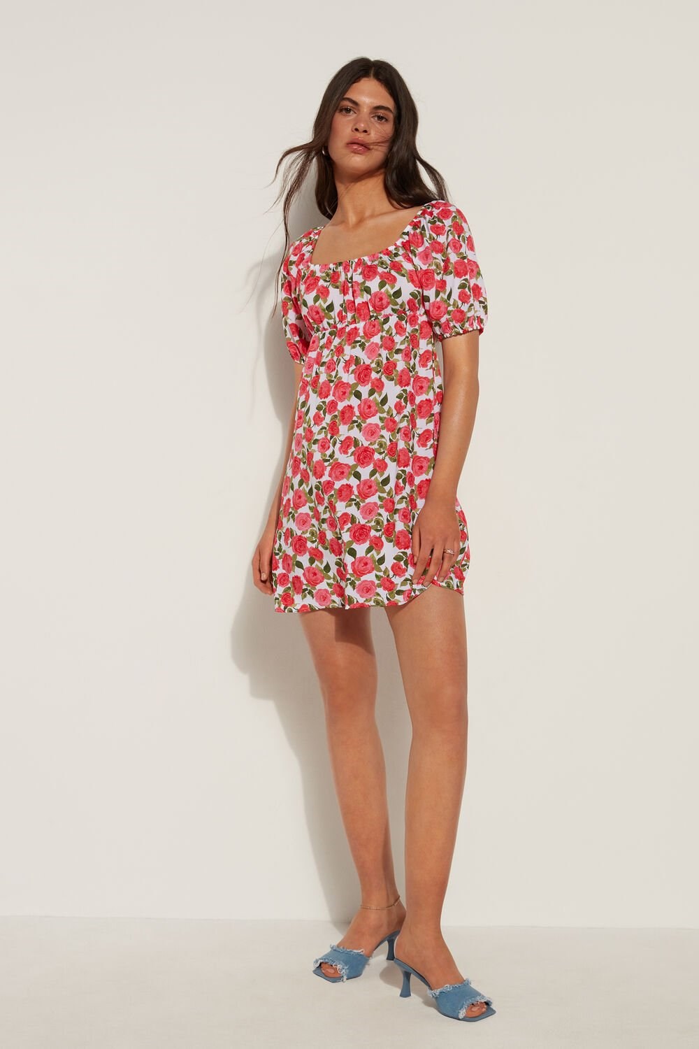 Floral Romantic Rose Print 598v Tezenis Half-Sleeve Mini Dress with Crisscross Back | 209864-OHP