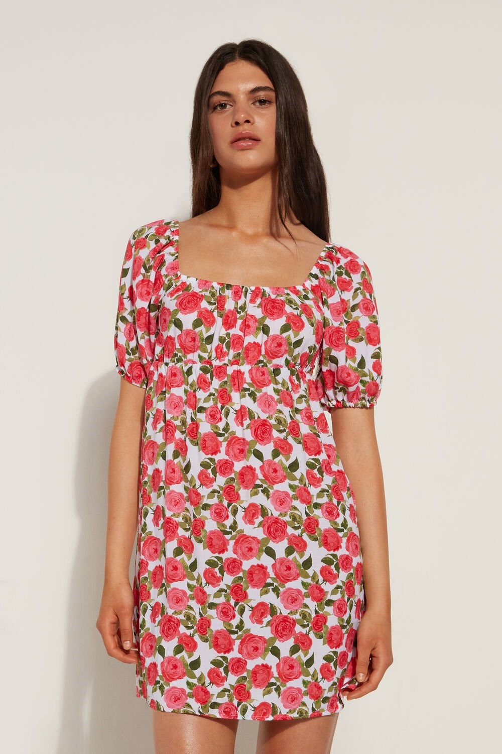 Floral Romantic Rose Print 598v Tezenis Half-Sleeve Mini Dress with Crisscross Back | 209864-OHP