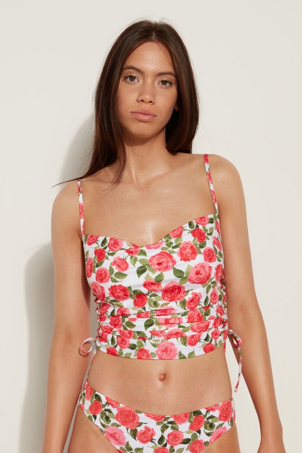 Floral Romantic Rose Print 598v Tezenis Crop Top with Side Drawstrings | 394086-BMU