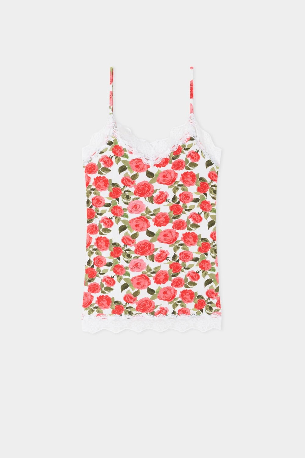 Floral Romantic Rose Print 598v Tezenis V Neck Tank Top with Lace Insert | 463502-KRN