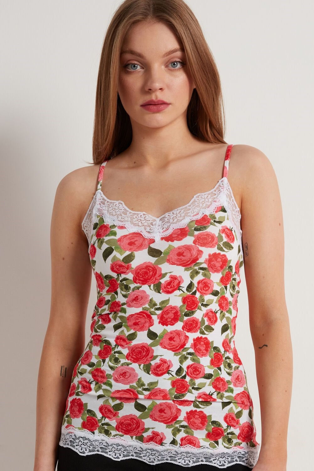 Floral Romantic Rose Print 598v Tezenis V Neck Tank Top with Lace Insert | 463502-KRN