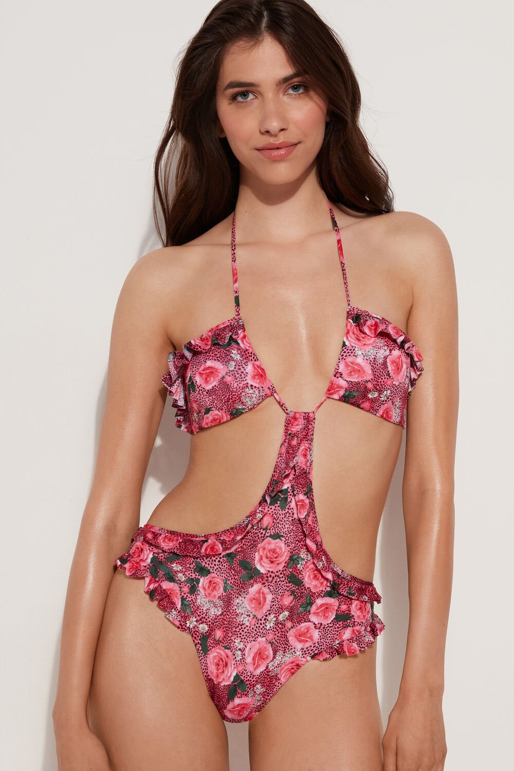 Floral Wild Rose Print 616v Tezenis Wild Roses Triangle One-Piece Swimsuit | 357642-POJ