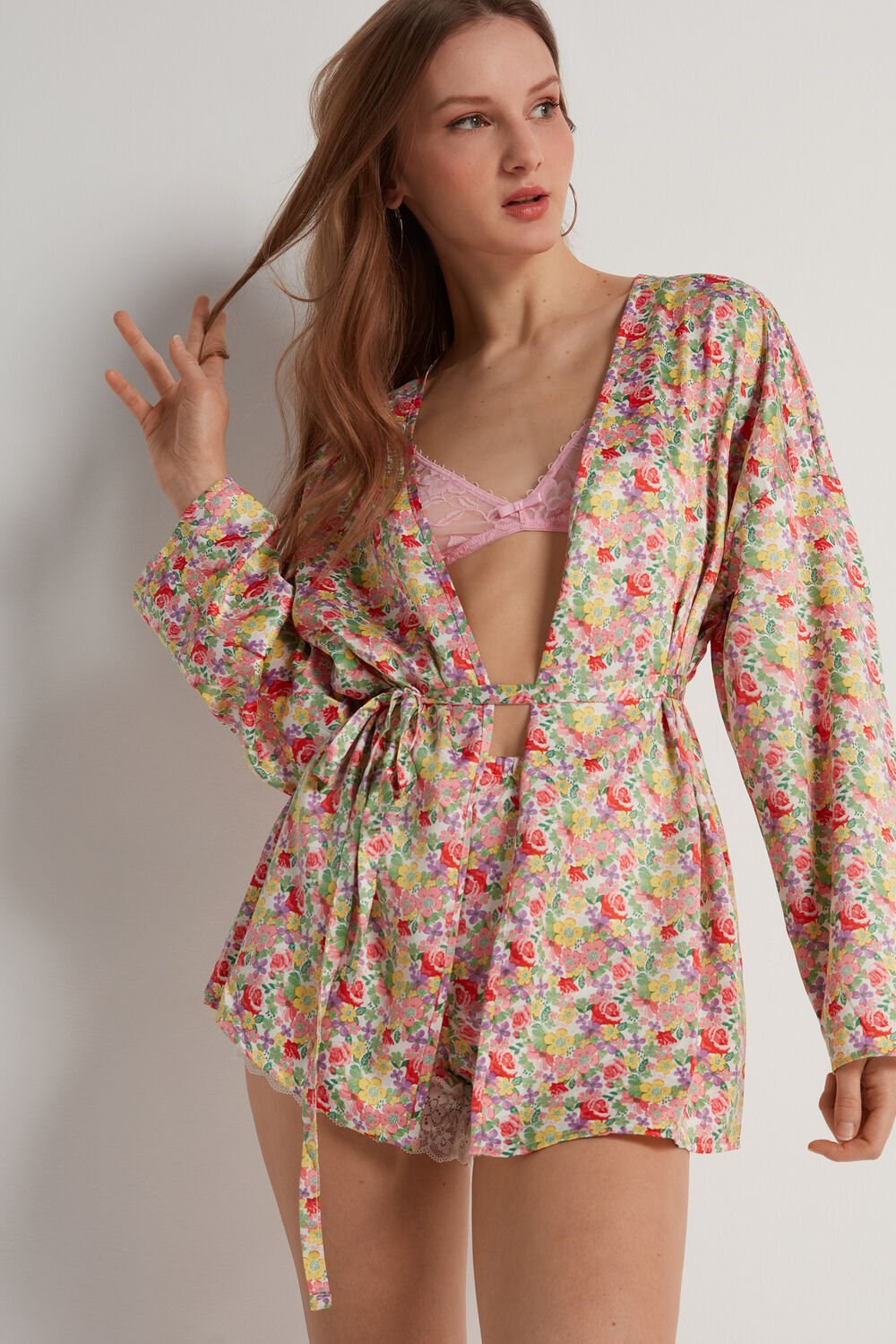 Floral Wildflower Print 294v Tezenis Satin Kimono Robe | 429037-HQD