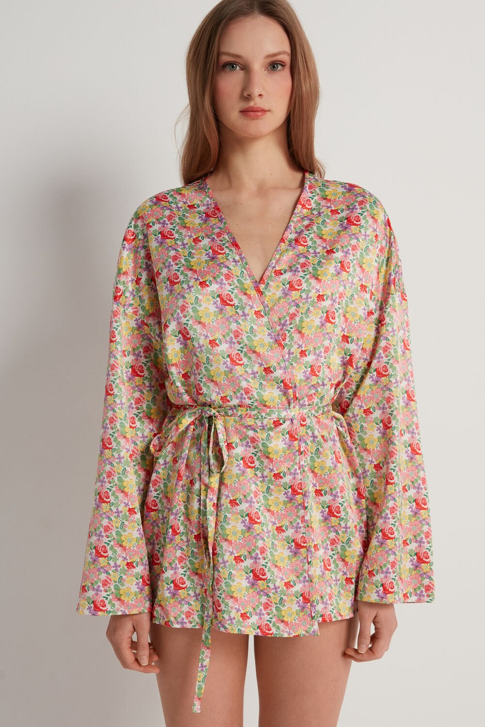 Floral Wildflower Print 294v Tezenis Satin Kimono Robe | 429037-HQD