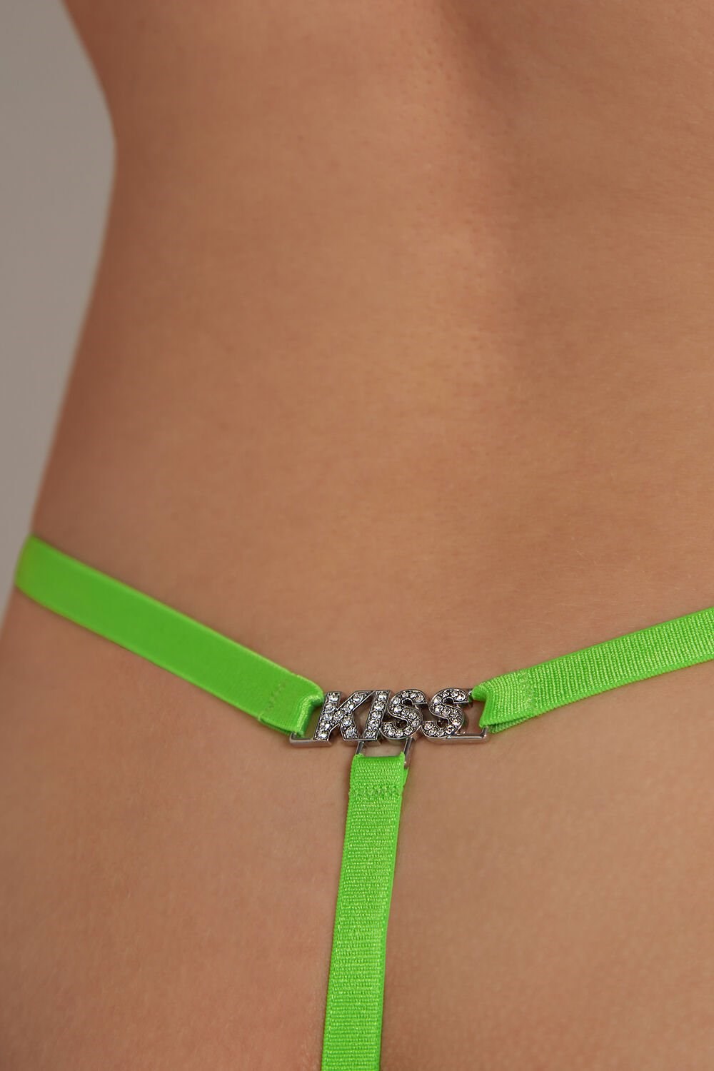 Green Apple Green Kiss 309v Tezenis High-Cut Lace String Thong with Rhinestone Lettering | 562918-RAG