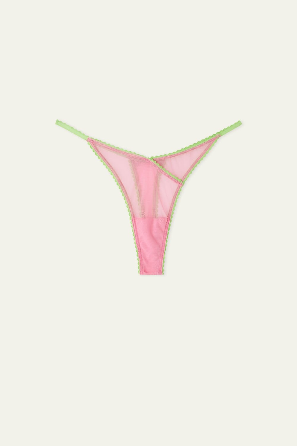 Green Bright Pink/Apple Green 285v Tezenis High-Cut Tulle String Thong with Scalloped Trim | 413609-KGY