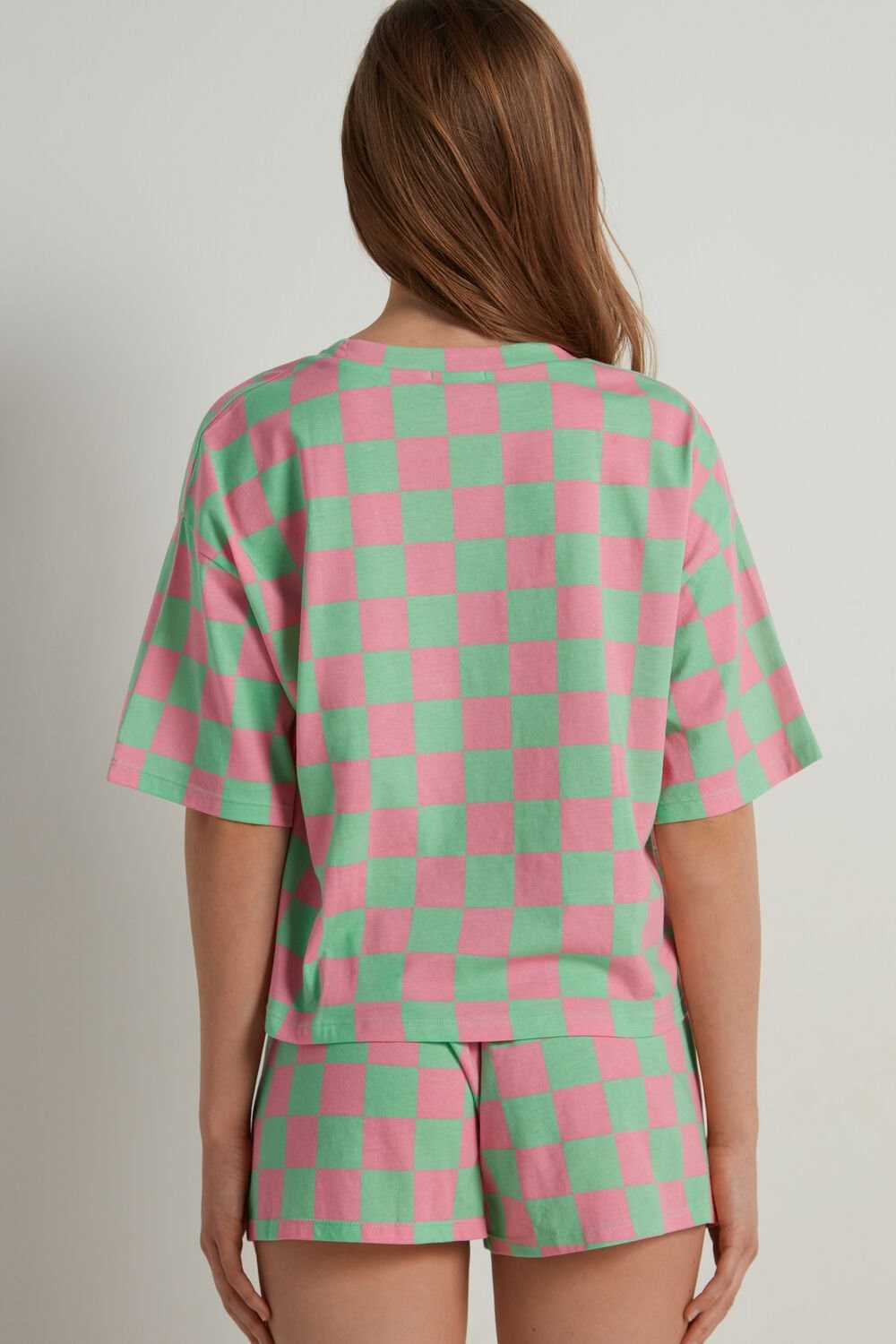 Green Bright Pink Check Print 386v Tezenis Checkerboard Print Short Cotton Pajamas | 207639-WGS