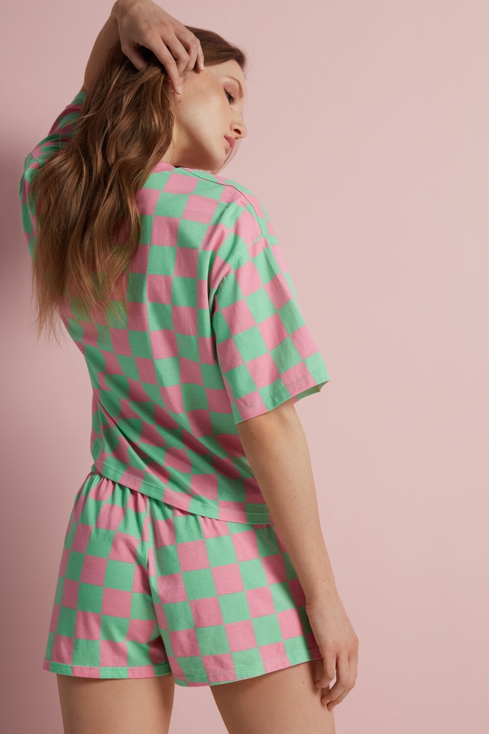 Green Bright Pink Check Print 386v Tezenis Checkerboard Print Short Cotton Pajamas | 207639-WGS