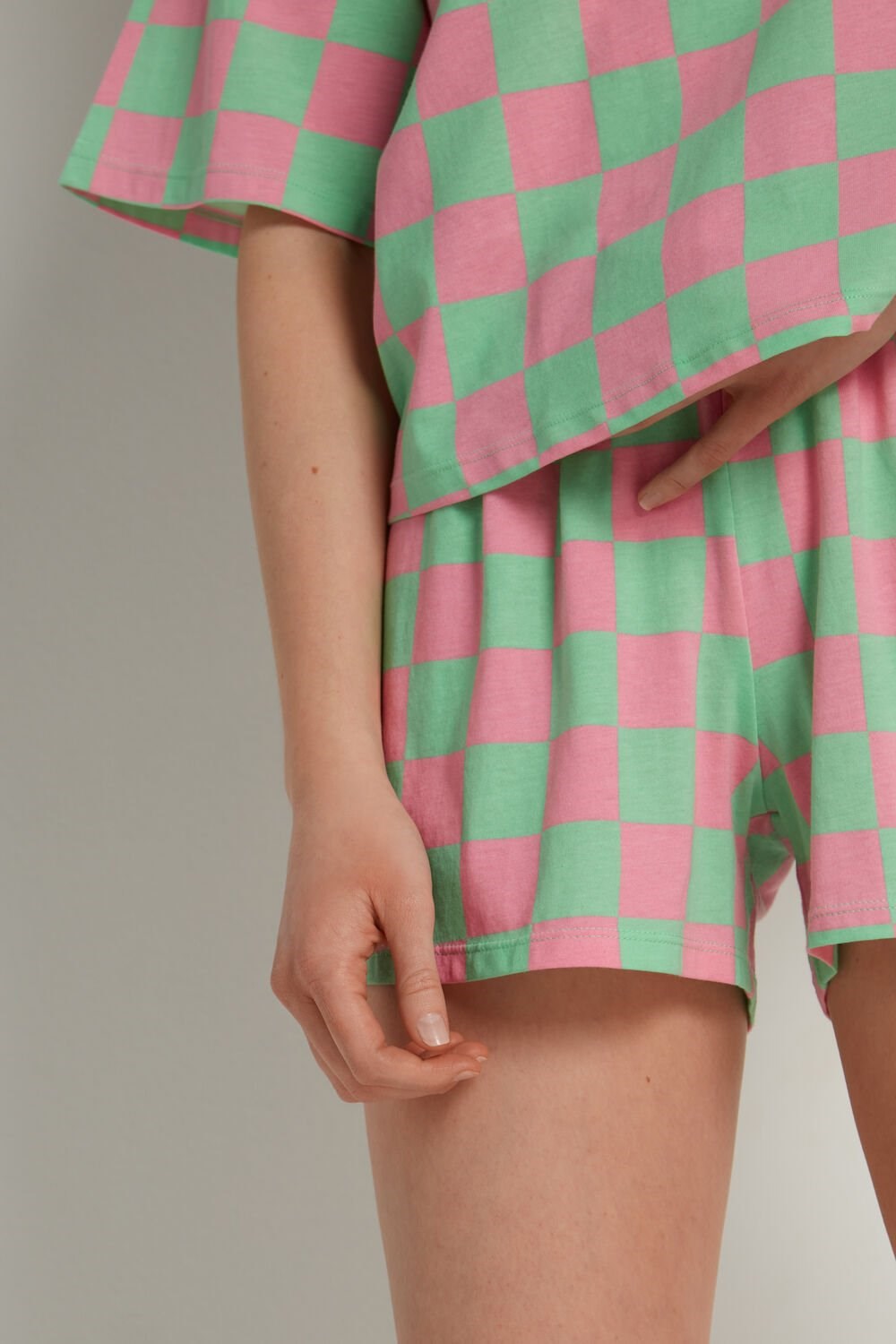 Green Bright Pink Check Print 386v Tezenis Checkerboard Print Short Cotton Pajamas | 207639-WGS