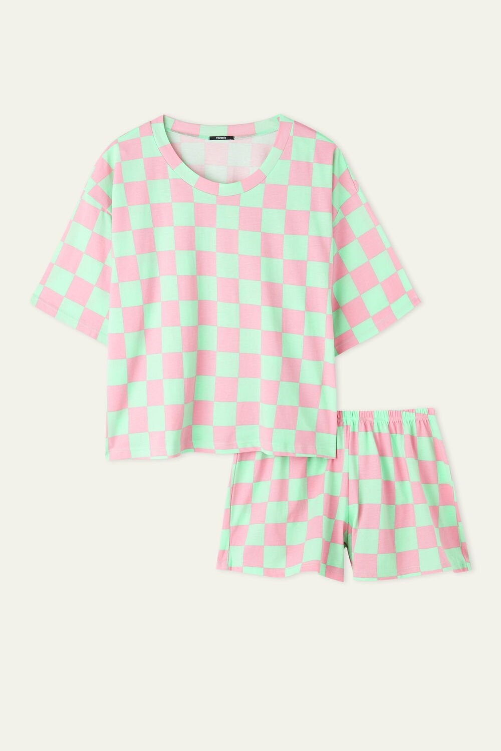 Green Bright Pink Check Print 386v Tezenis Checkerboard Print Short Cotton Pajamas | 207639-WGS