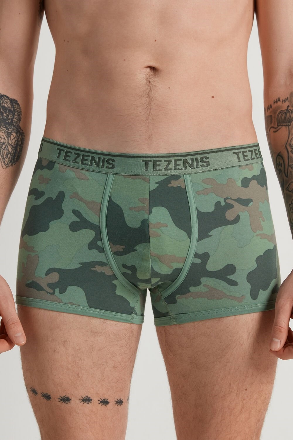 Green Green Camo Print 664v Tezenis Printed Cotton Logo Boxers with Contrasting Trim | 648172-XPK