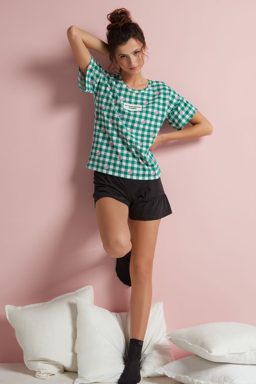 Green Milk White/Green Gingham Print 398v Tezenis Gingham Short Cotton Pajamas | 143672-OZH