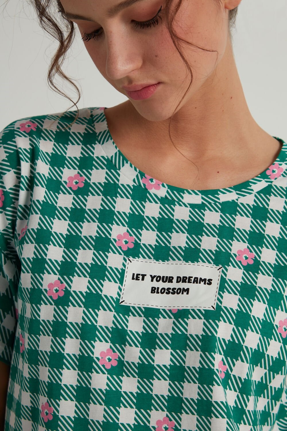 Green Milk White/Green Gingham Print 398v Tezenis Gingham Short Cotton Pajamas | 143672-OZH