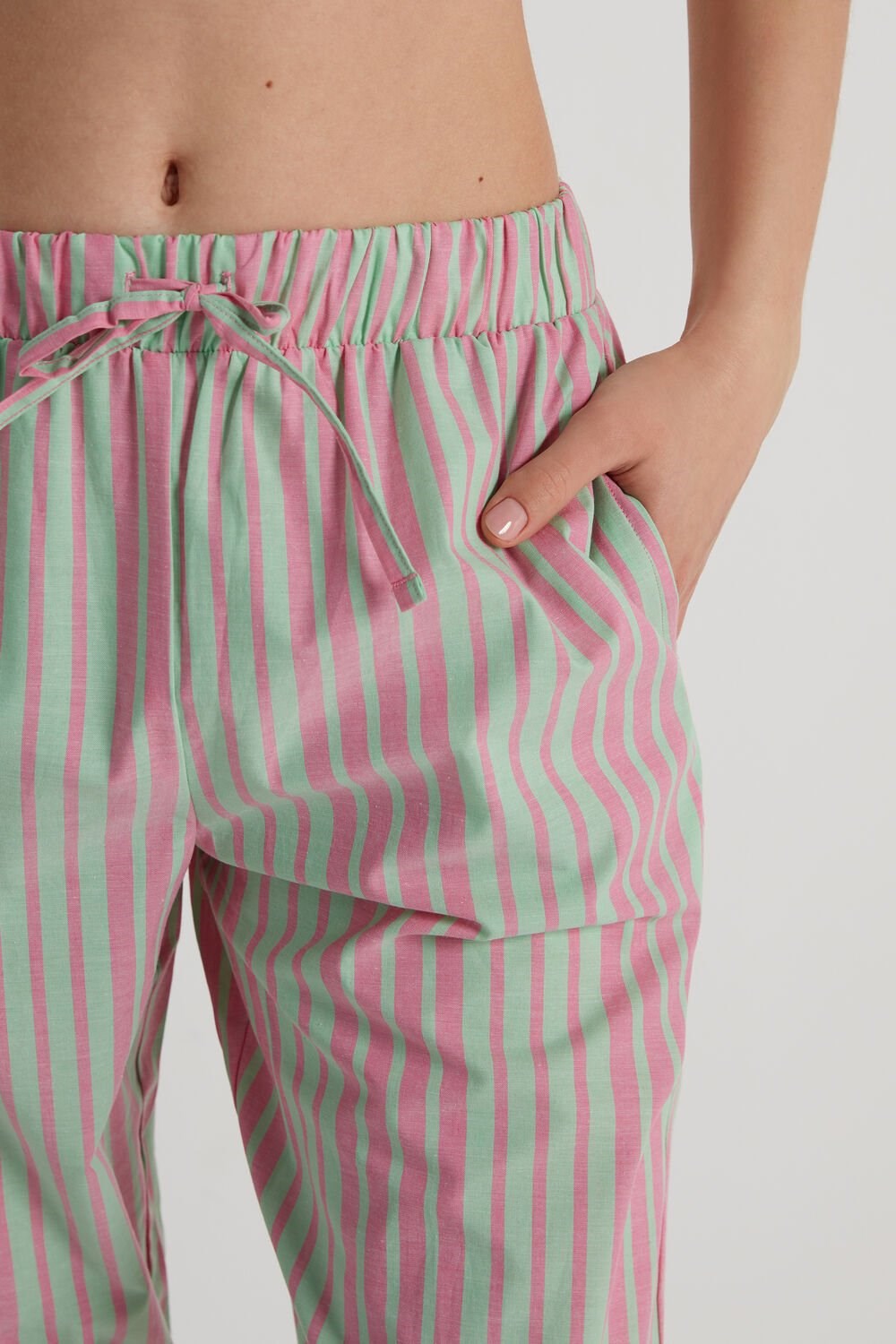 Green Multi-stripe Pastel Green Print 400v Tezenis Cotton Canvas Trousers with Drawstring | 962034-JMT