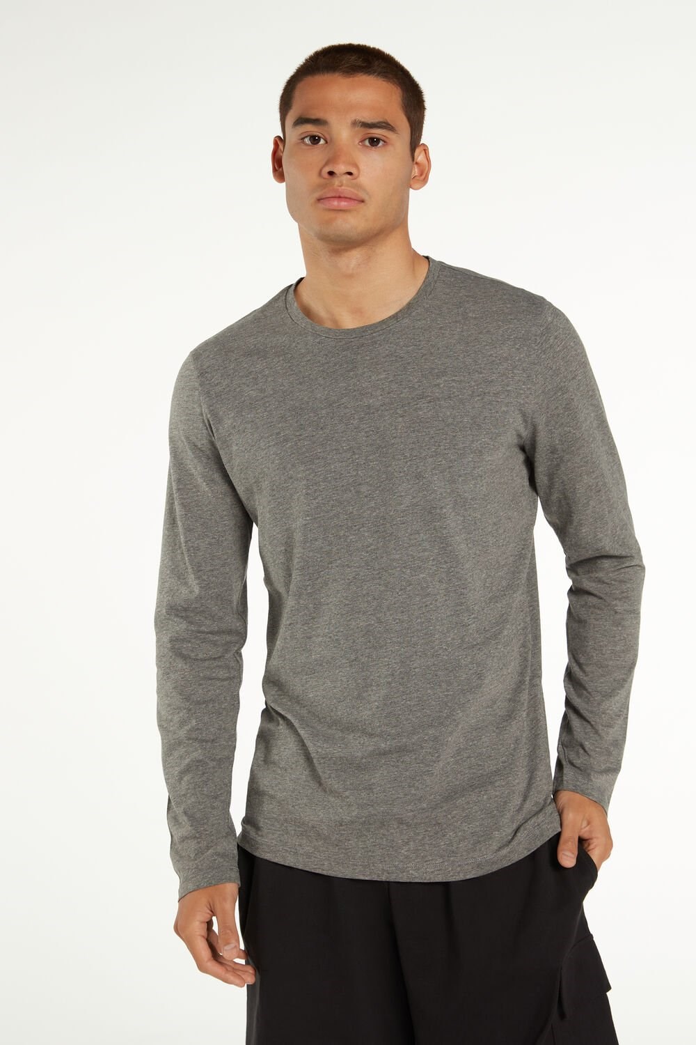 Grey Charcoal Grey Blend 498 Tezenis Long Sleeve Cotton Crew Neck Top | 302956-YDK