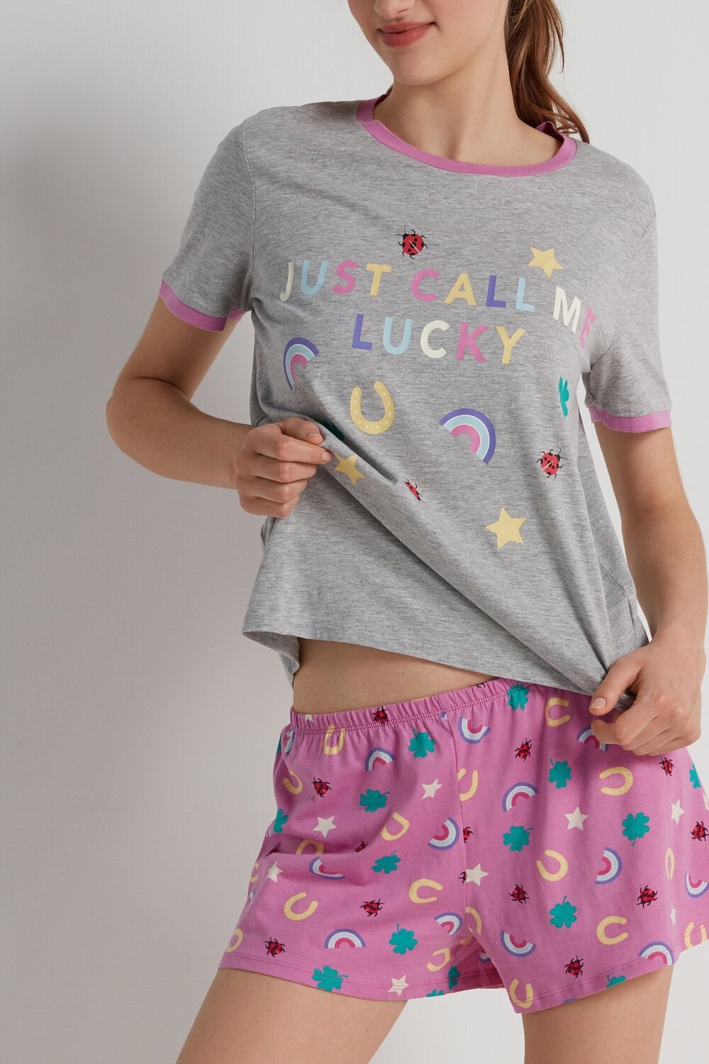 Grey Light Gray Heather Lucky Print 359v Tezenis “Lucky” Print Crew Neck Cotton Short Pajamas | 406958-PNA