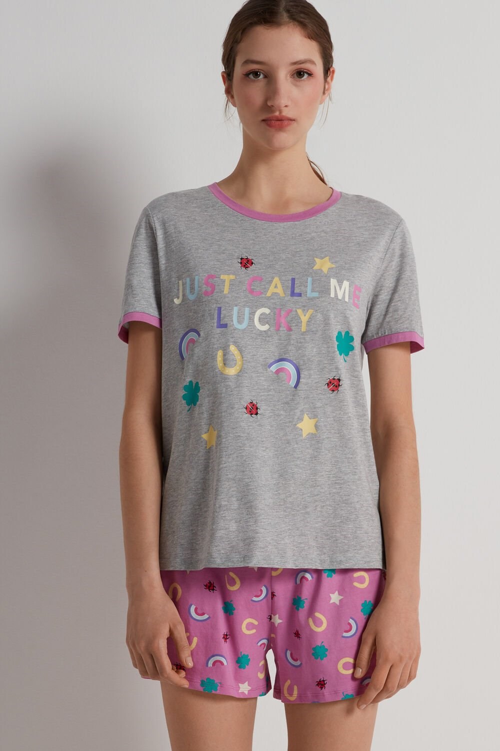 Grey Light Gray Heather Lucky Print 359v Tezenis “Lucky” Print Crew Neck Cotton Short Pajamas | 406958-PNA